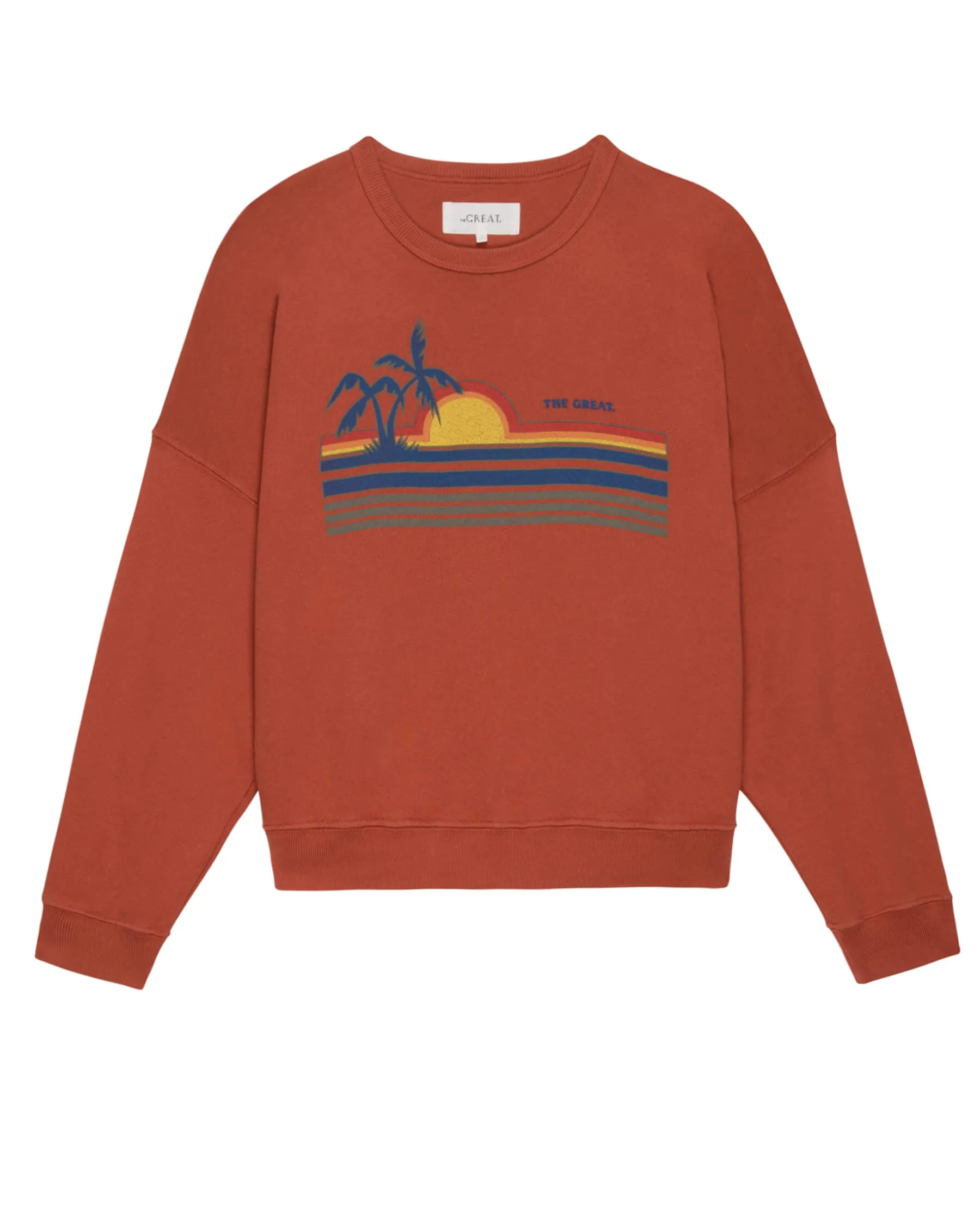 The Teammate Sweatshirt. Graphic -- Burnt Red with Sunset Graphic sold by THE GREAT.