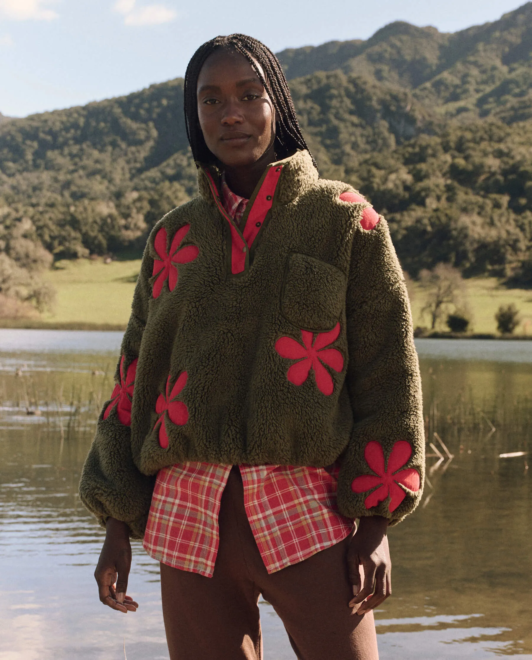 The Patch Pocket Countryside Pullover with Daisy Applique. -- Army with Hot Red sold by THE GREAT.