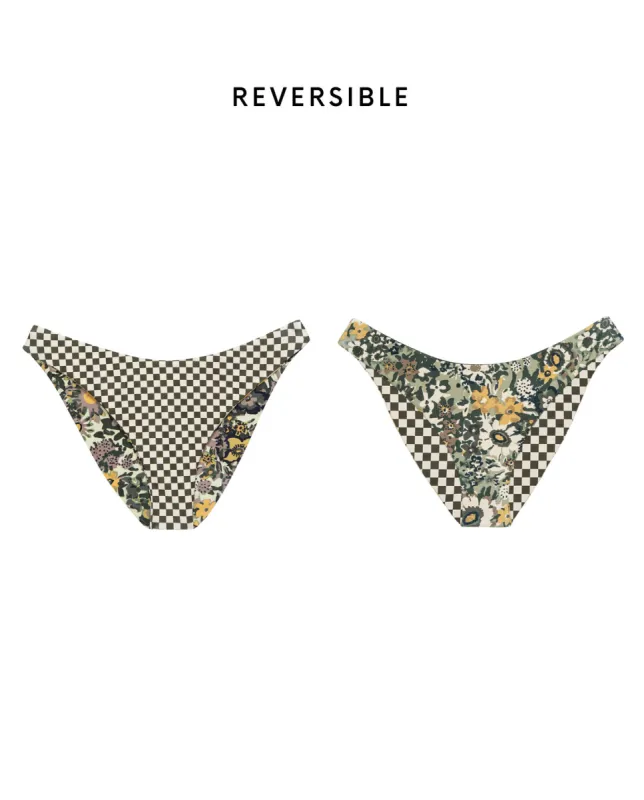 The Reversible Cheeky Brief. -- Seaglass Heirloom Floral and Light Army Check sold by THE GREAT.