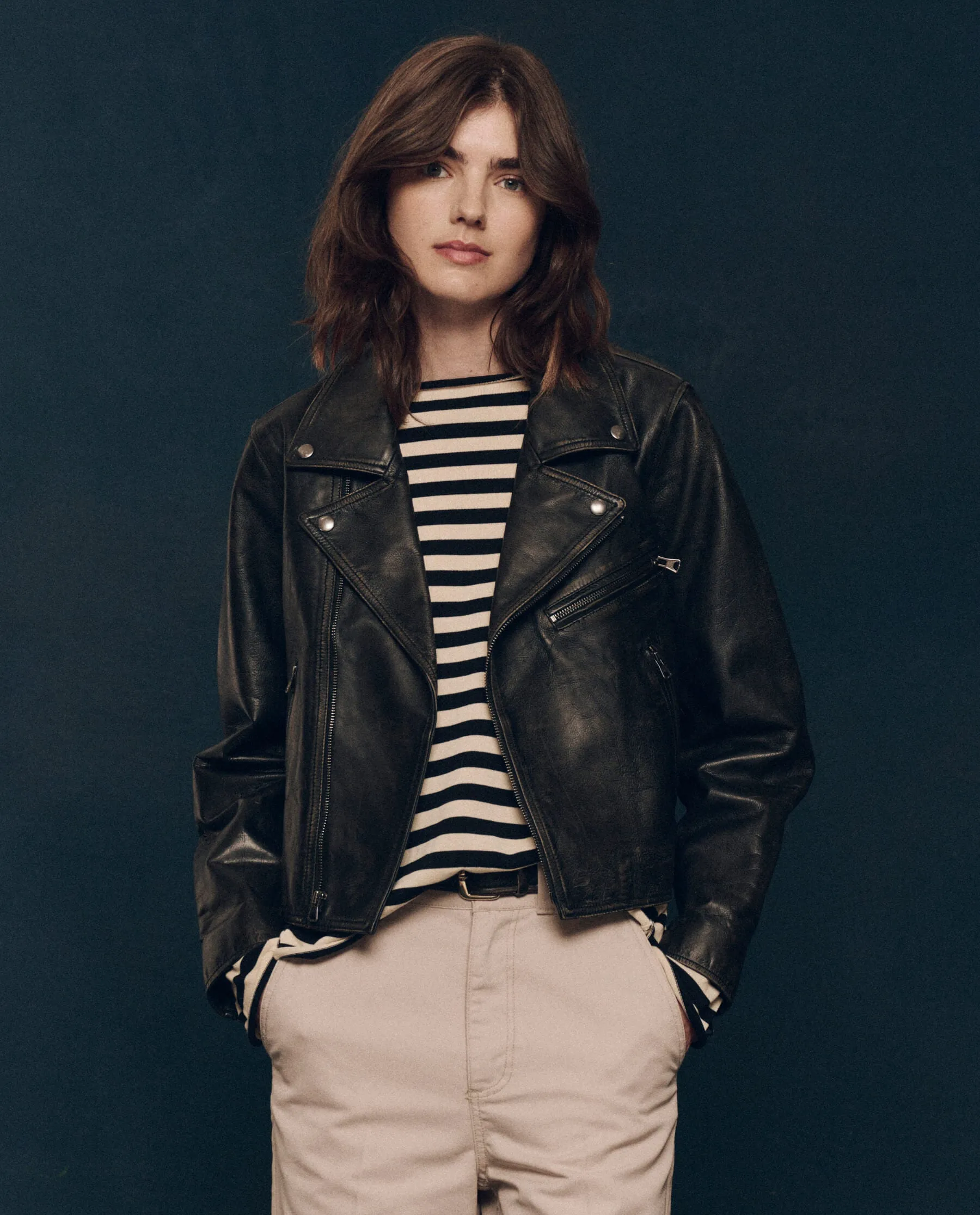 The Perfect Leather Jacket. -- Worn Black sold by THE GREAT.