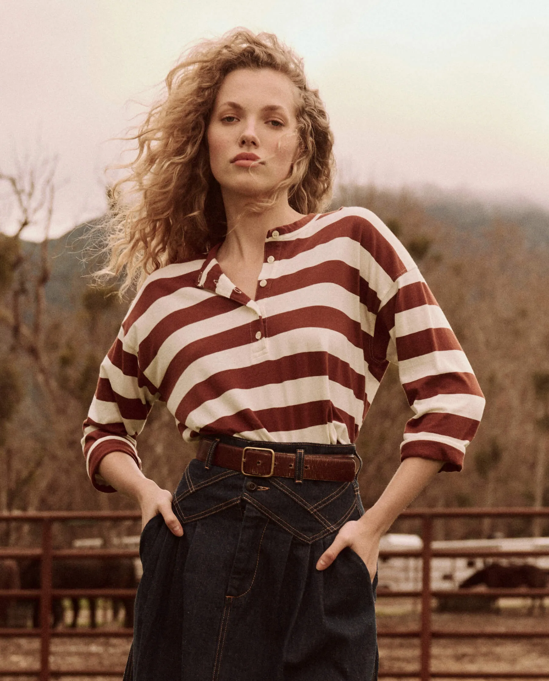 The Shrunken Henley. Stripe -- Cognac Stripe sold by THE GREAT.