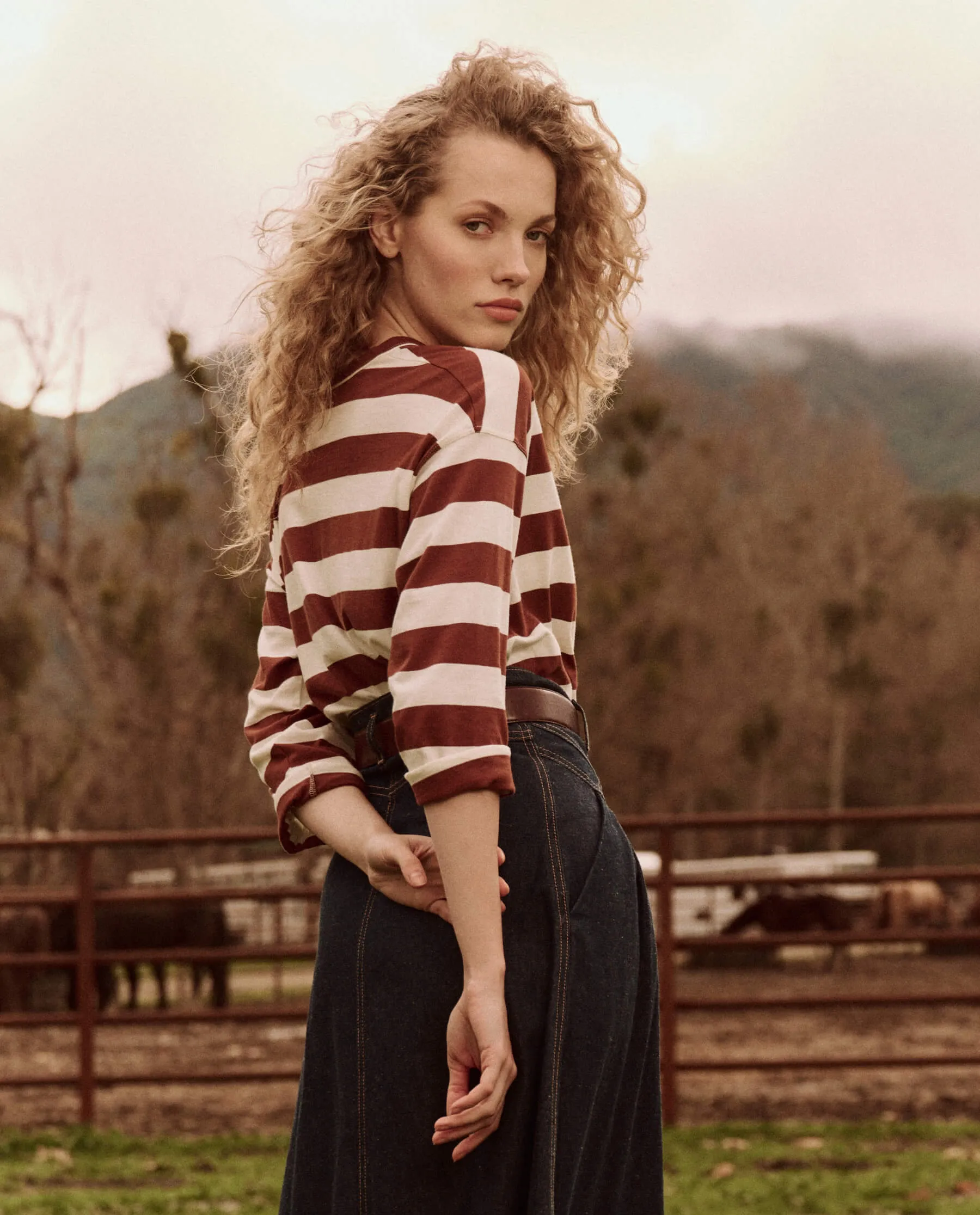 The Shrunken Henley. Stripe -- Cognac Stripe sold by THE GREAT. product image thumbnail 3