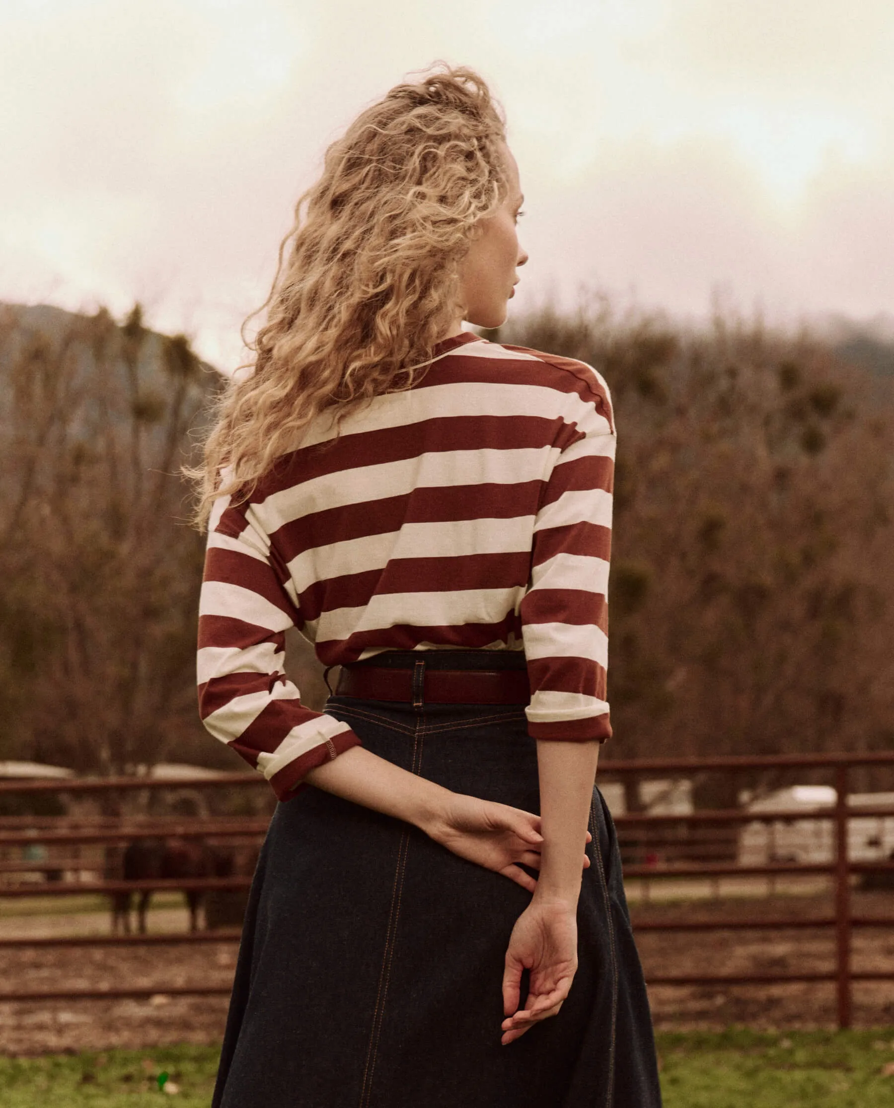 The Shrunken Henley. Stripe -- Cognac Stripe sold by THE GREAT. product image thumbnail 2