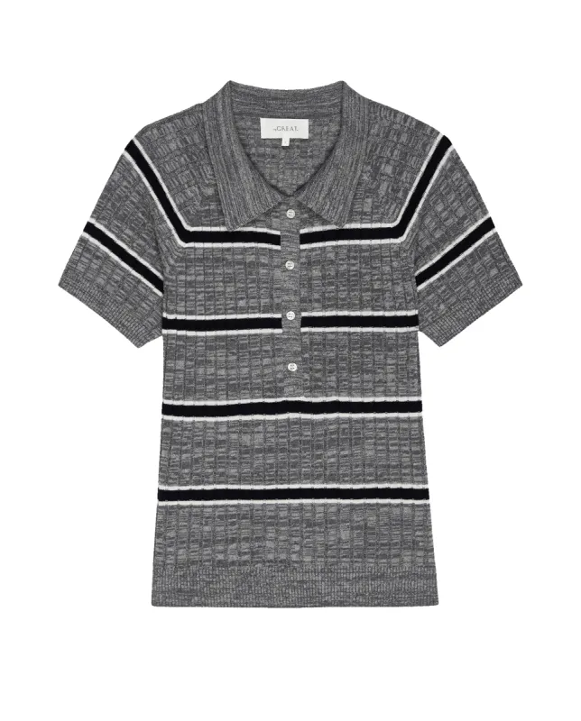 The Classic Polo Sweater. -- Heather Grey Stripe made by THE GREAT.