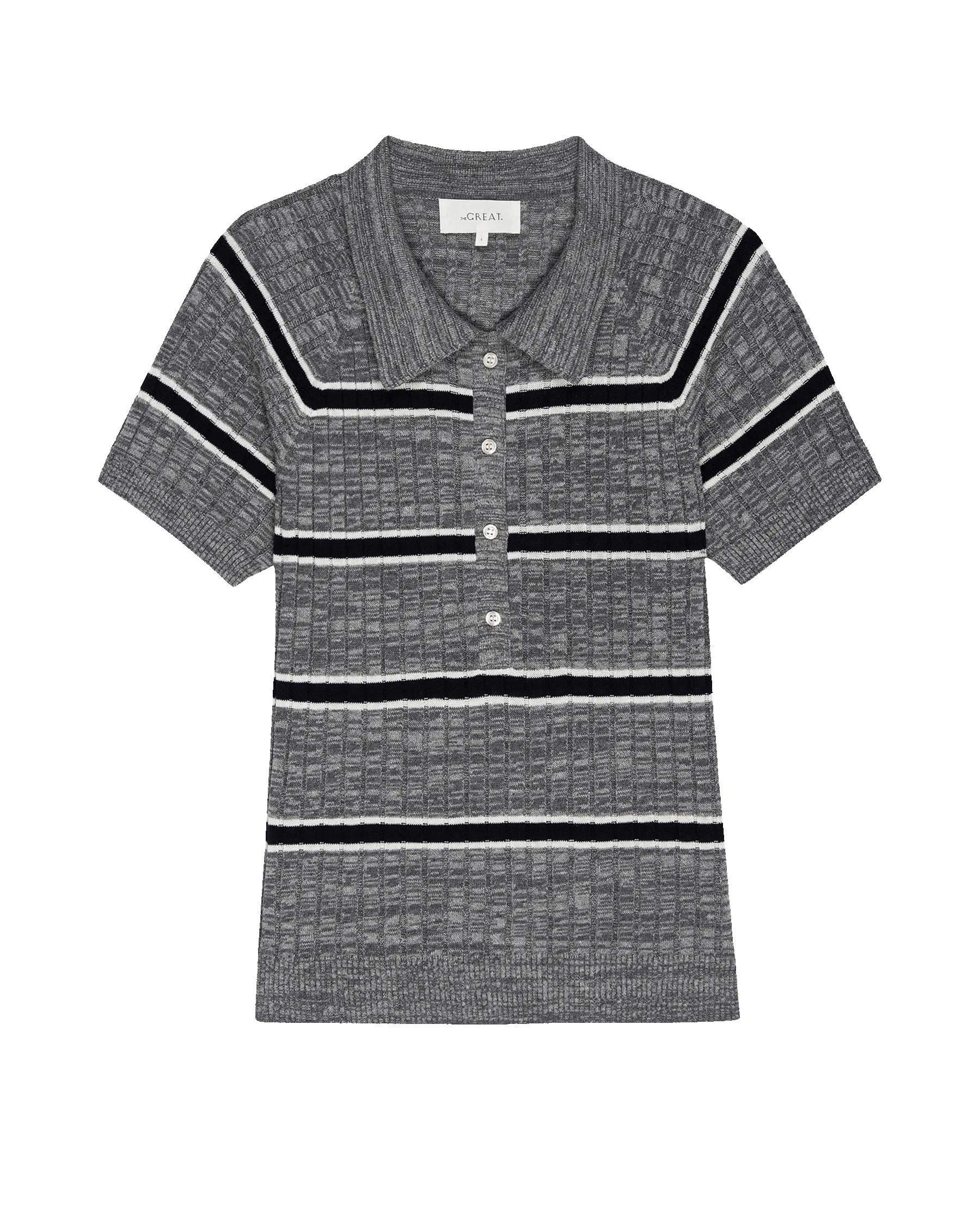 The Classic Polo Sweater. -- Heather Grey Stripe sold by THE GREAT.