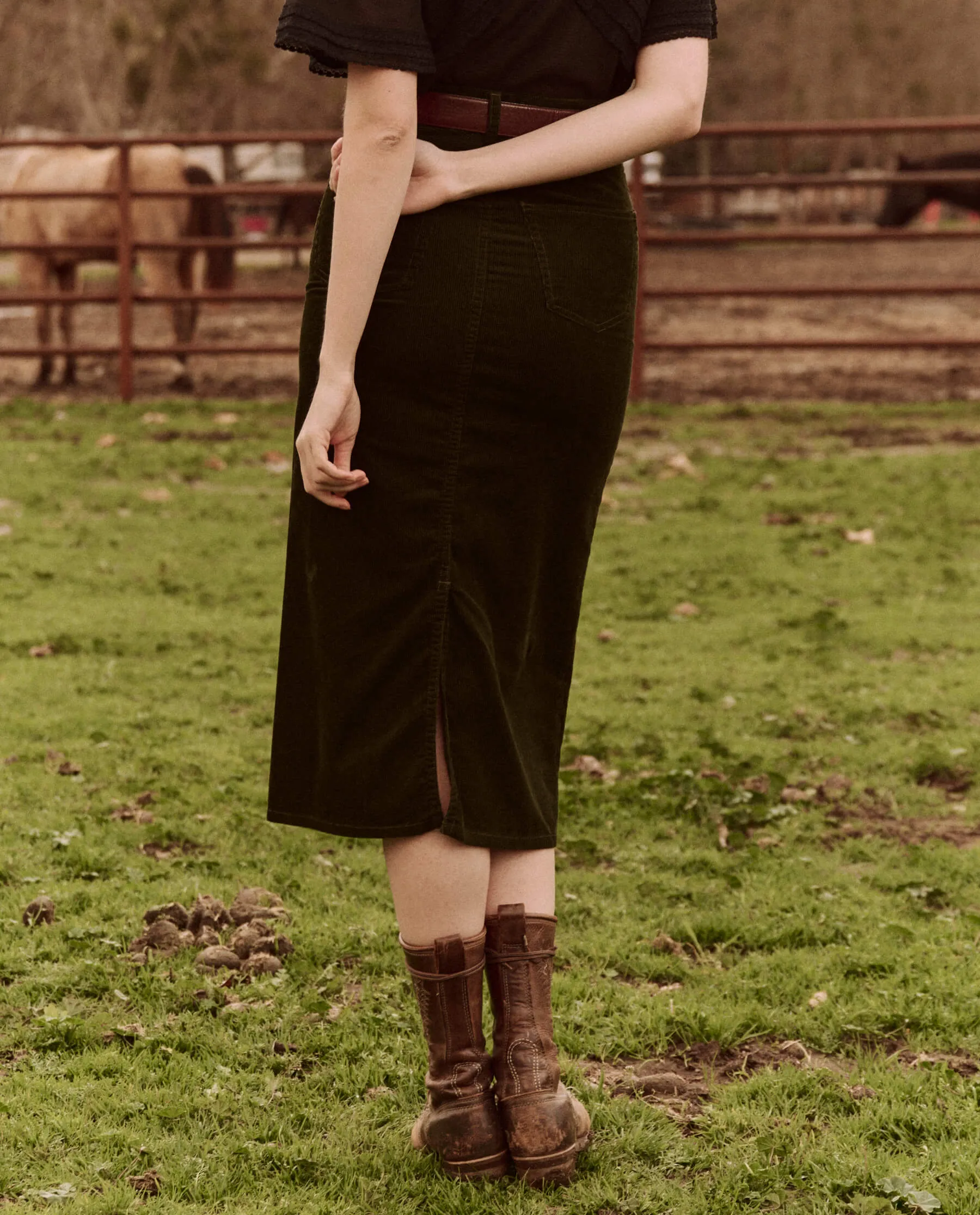 The Column Skirt. Cord -- Woodland Green sold by THE GREAT. product image thumbnail 2