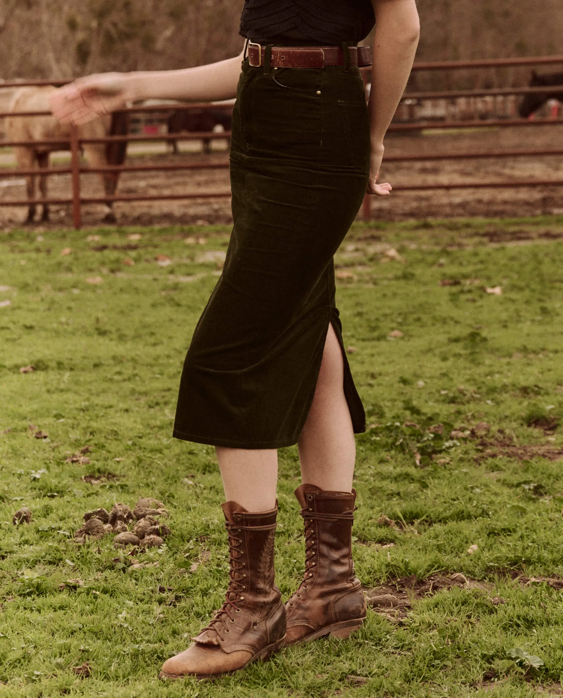 The Column Skirt. Cord -- Woodland Green sold by THE GREAT. product image thumbnail 3