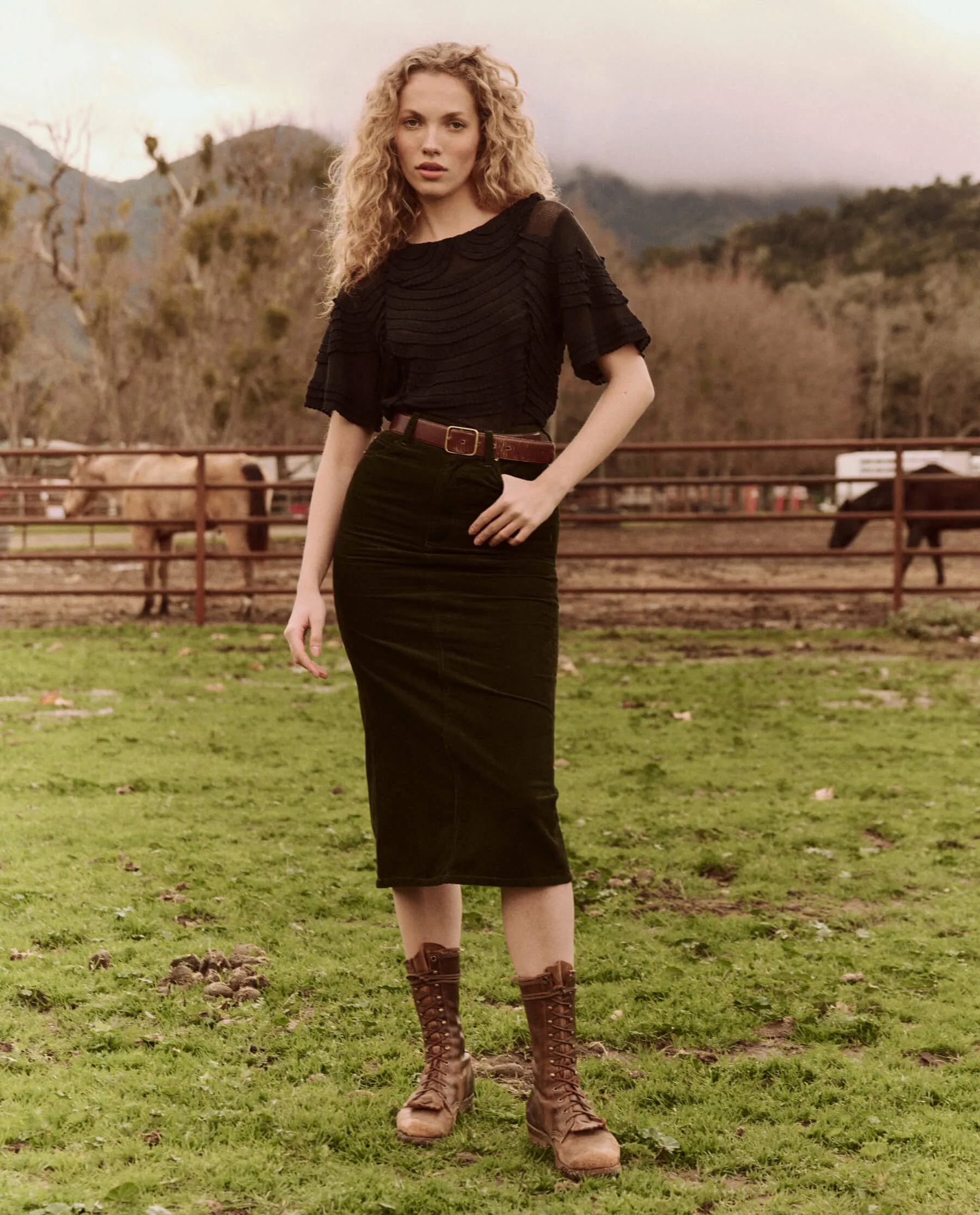 The Column Skirt. Cord -- Woodland Green sold by THE GREAT. product image thumbnail 4