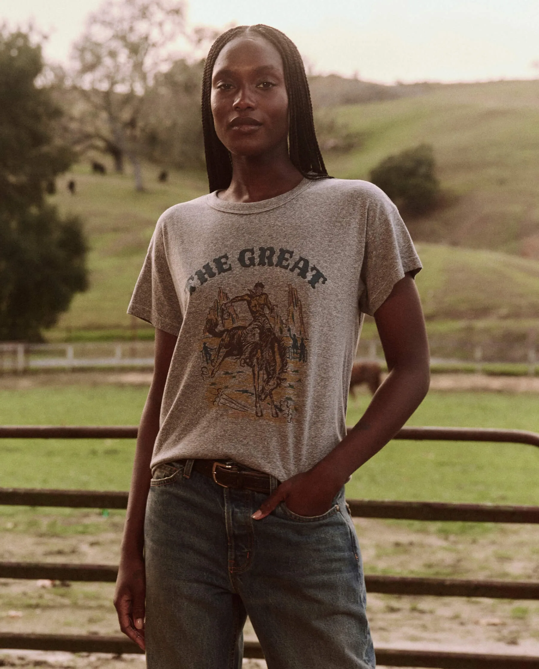The Boxy Crew. Graphic -- Heather Grey with Rodeo Graphic sold by THE GREAT.