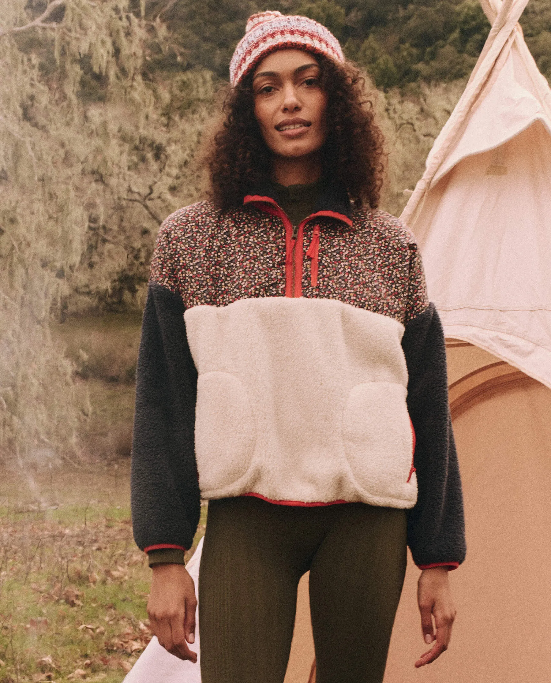 The Plush Colorblock Terrain Half-Zip. -- Mountain View Floral and Chalk sold by THE GREAT.