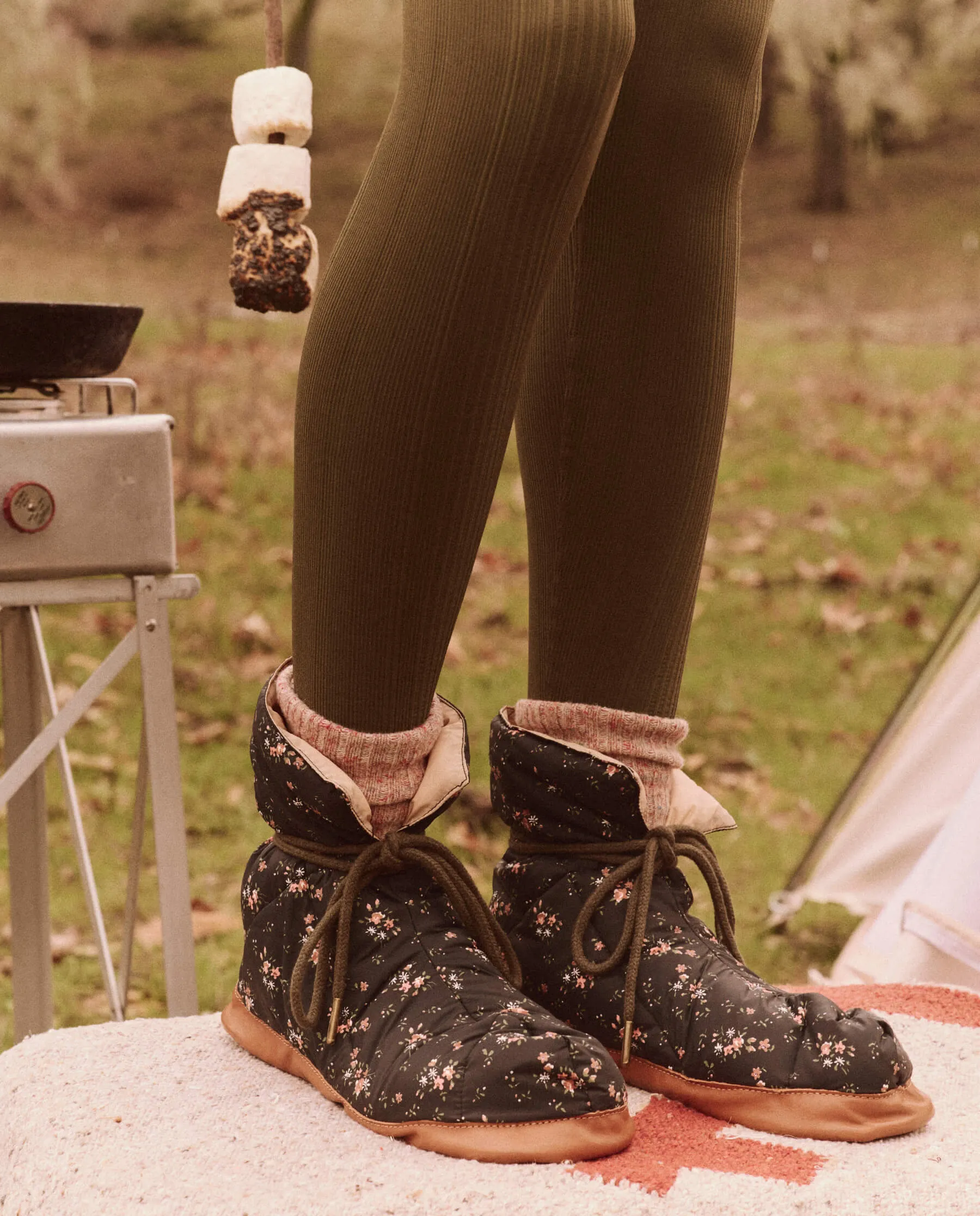 The Down Quilted Puffer Slipper. -- Wilderness Floral and Powder Pink sold by THE GREAT.