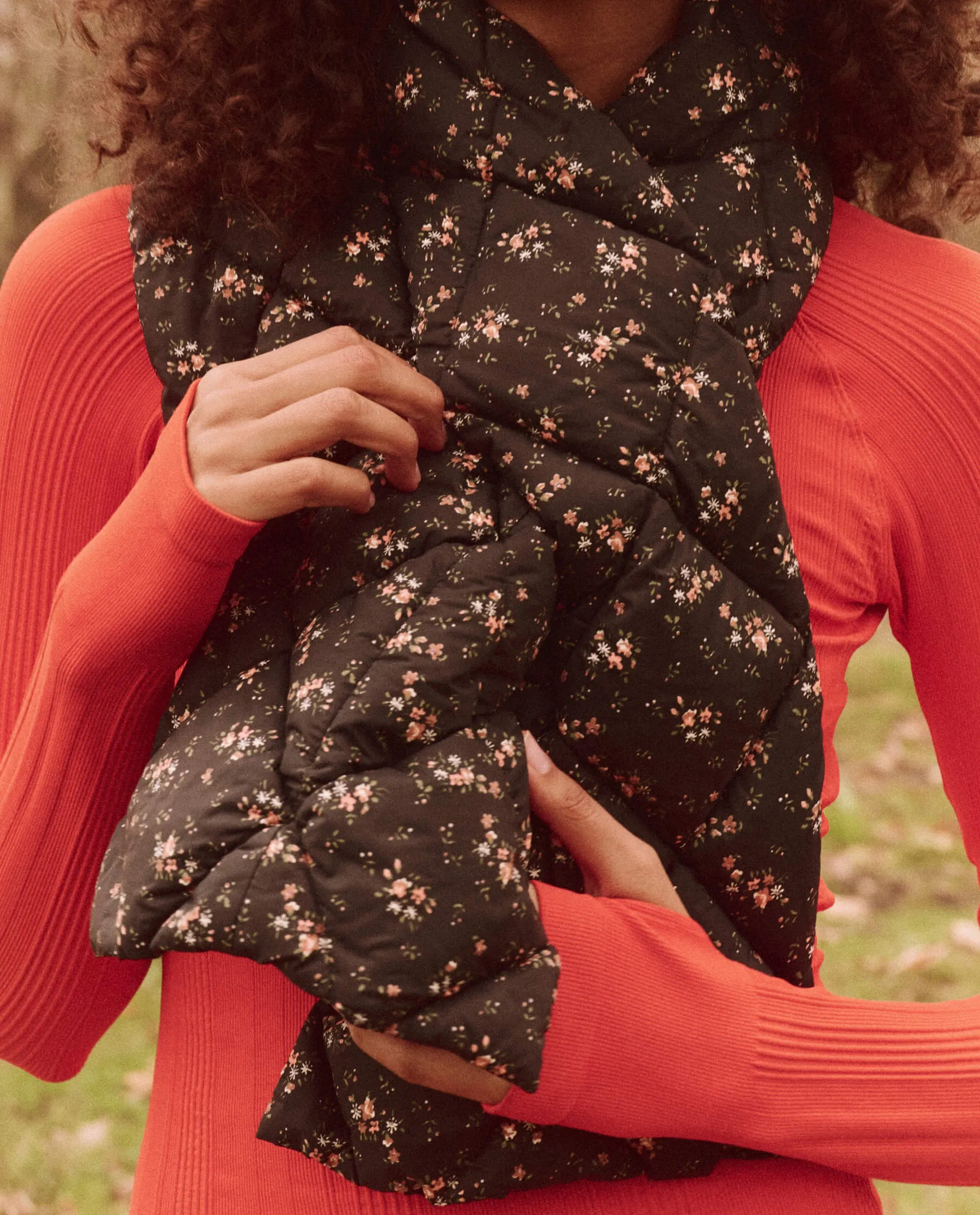 The Down Quilted Puffer Scarf. -- Wilderness Floral sold by THE GREAT.