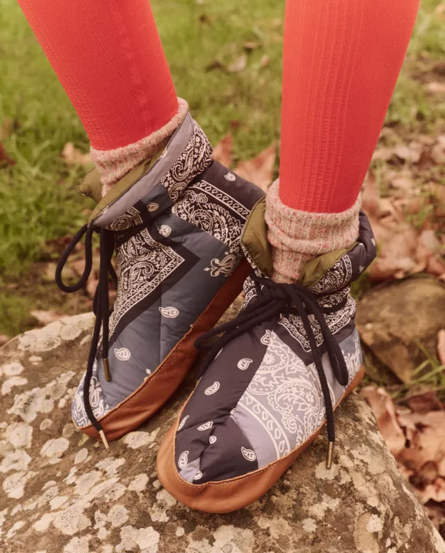 The Down Quilted Puffer Slipper. -- Patchwork Bandana and Evergreen sold by THE GREAT.