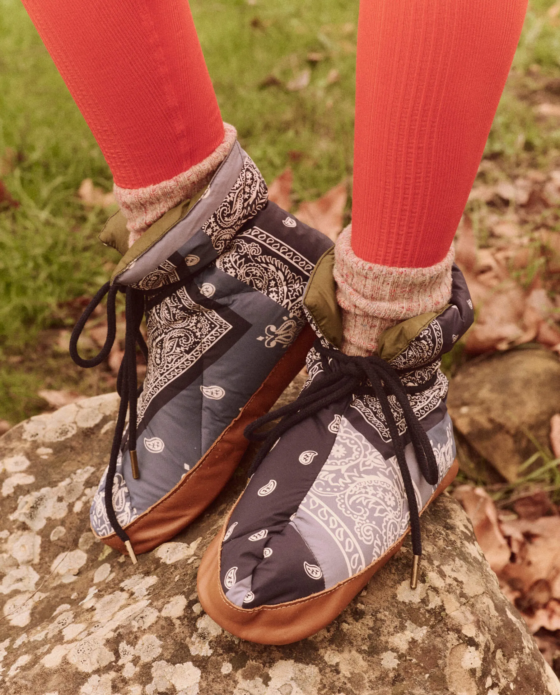 The Down Quilted Puffer Slipper. -- Patchwork Bandana and Evergreen sold by THE GREAT.