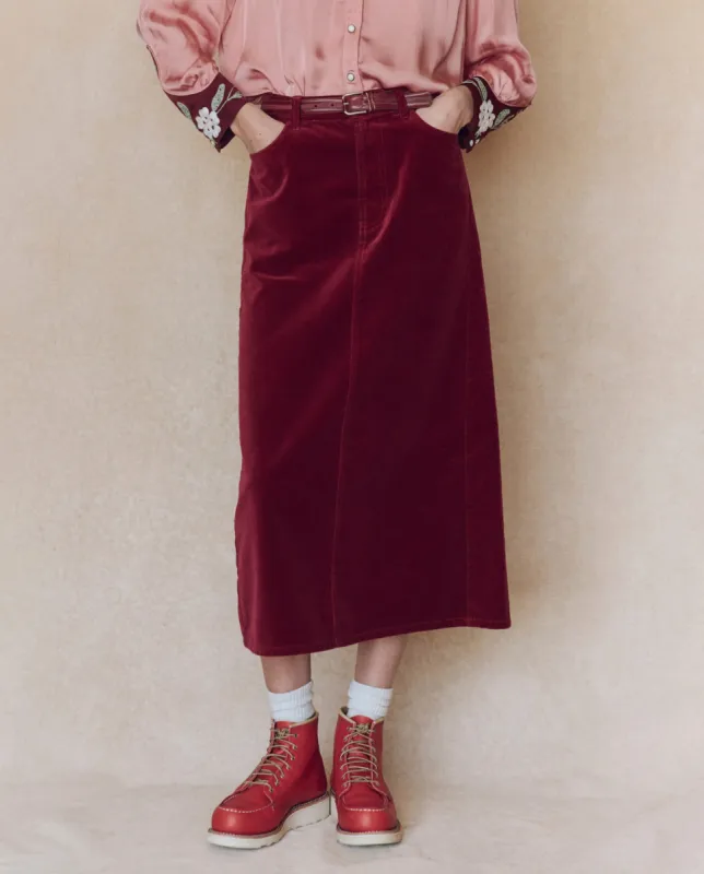 The Velvet Column Skirt. -- Bordeaux sold by THE GREAT.