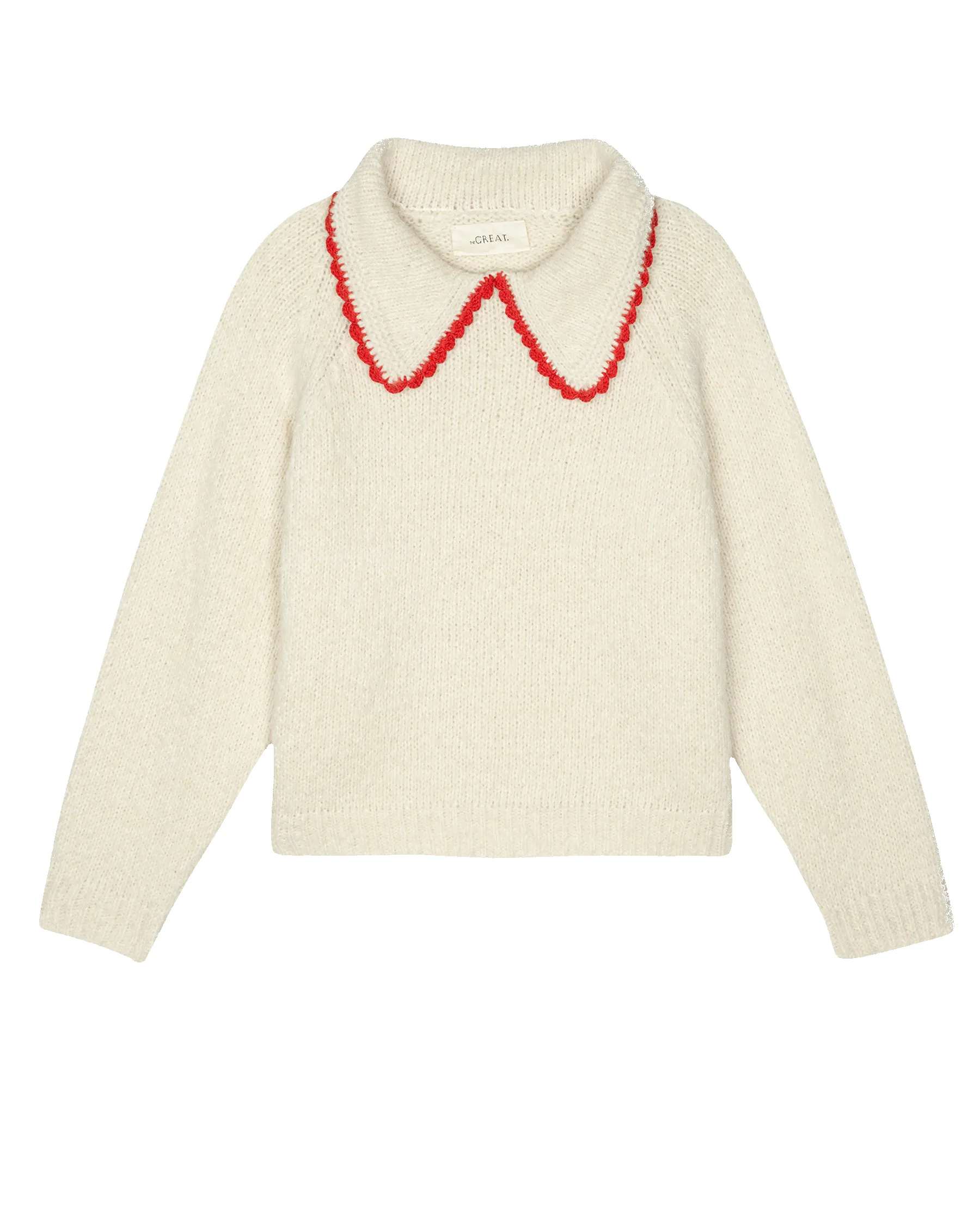 The Crochet Collar Pullover. -- Soft White with Cherry sold by THE GREAT. product image thumbnail 5