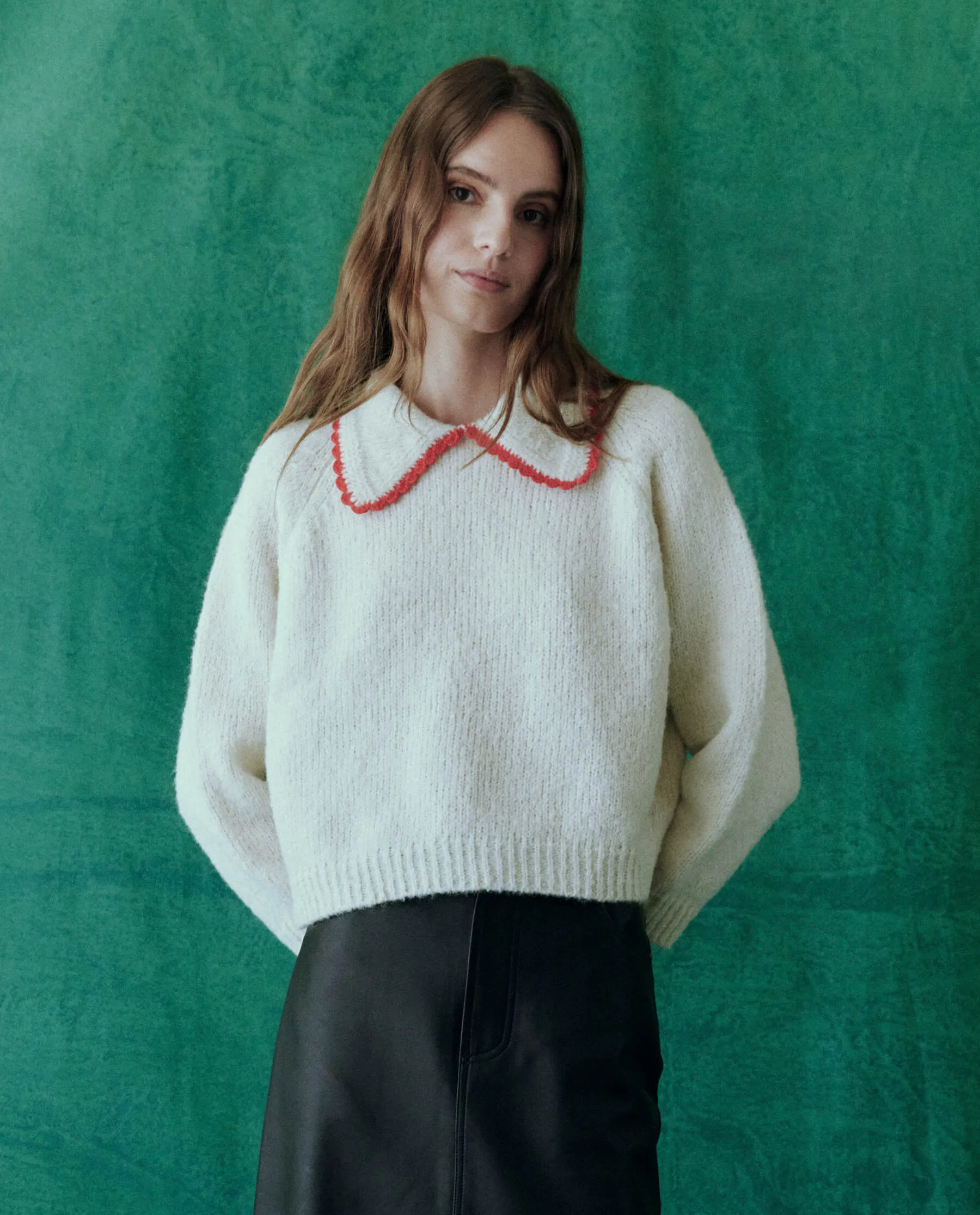 The Crochet Collar Pullover. -- Soft White with Cherry sold by THE GREAT.