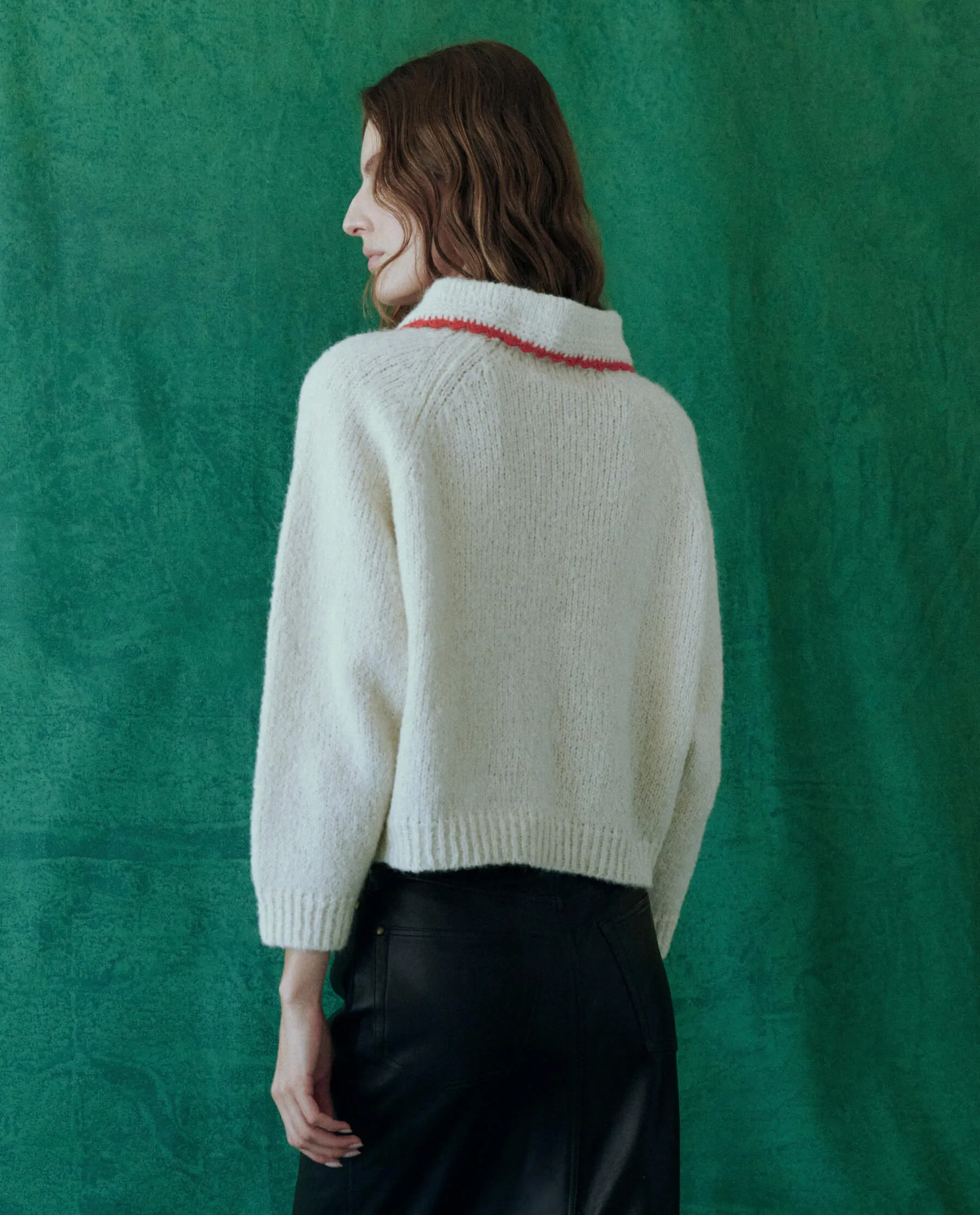 The Crochet Collar Pullover. -- Soft White with Cherry sold by THE GREAT. product image thumbnail 2