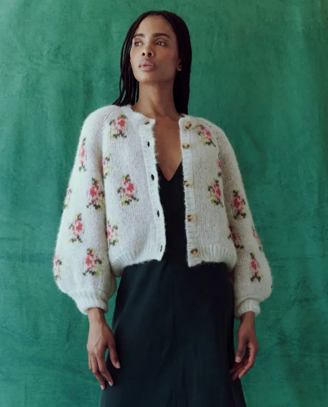 The Carousel Cardigan. -- White Heirloom Rose sold by THE GREAT.