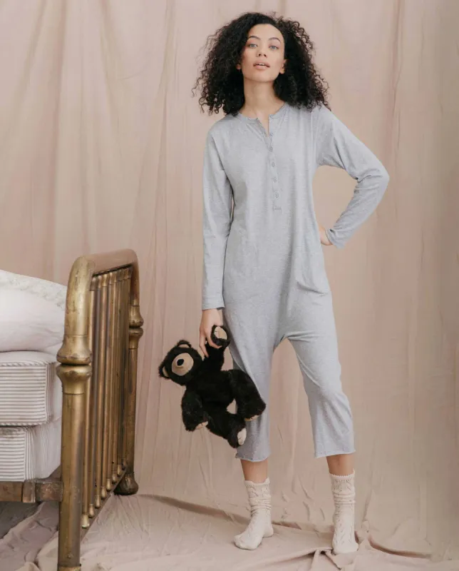 The Long Sleeve Sleeper Jumpsuit. -- LIGHT HEATHER GREY sold by THE GREAT.