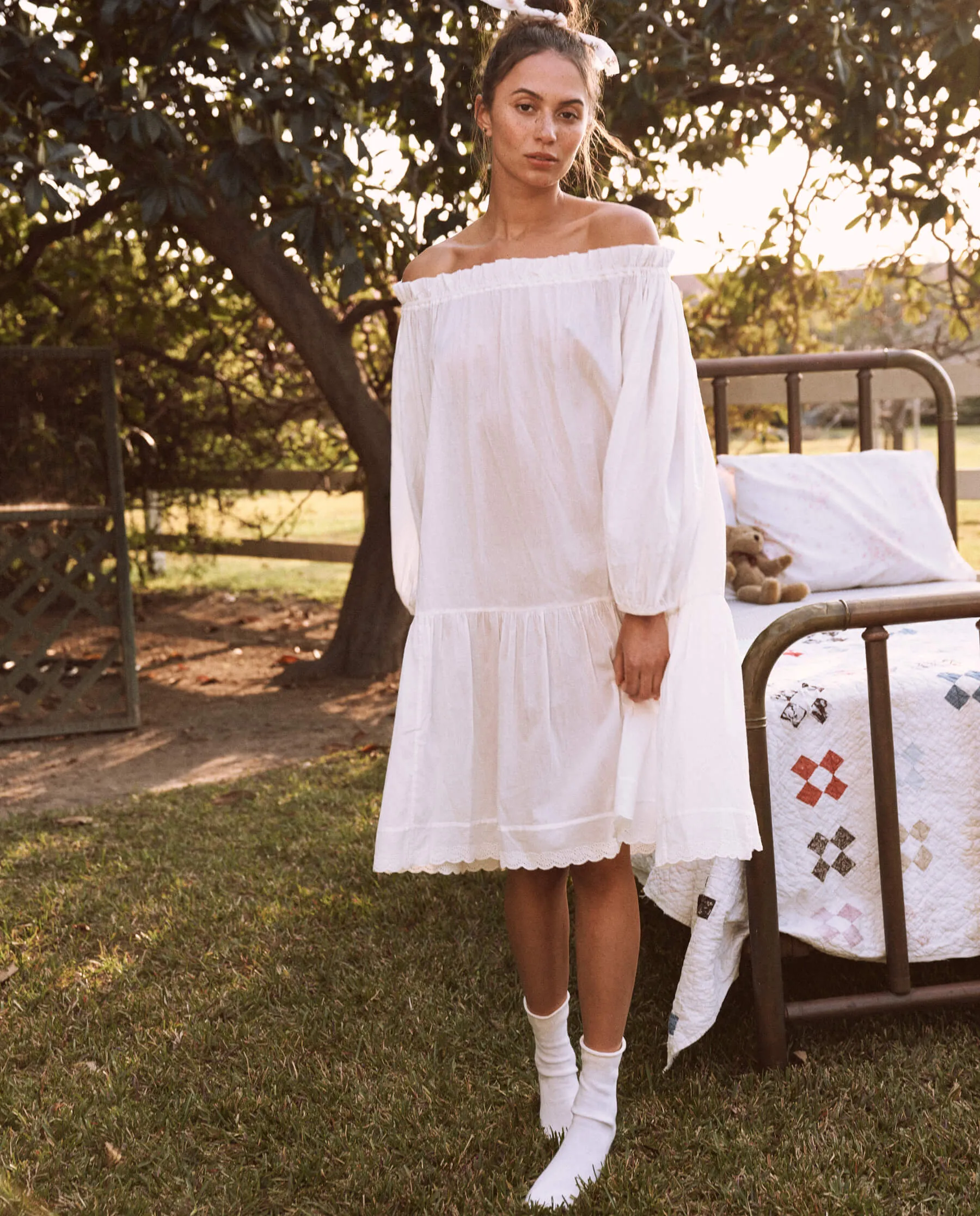 The Eyelet Short Victorian Sleep Dress. -- True White sold by THE GREAT.