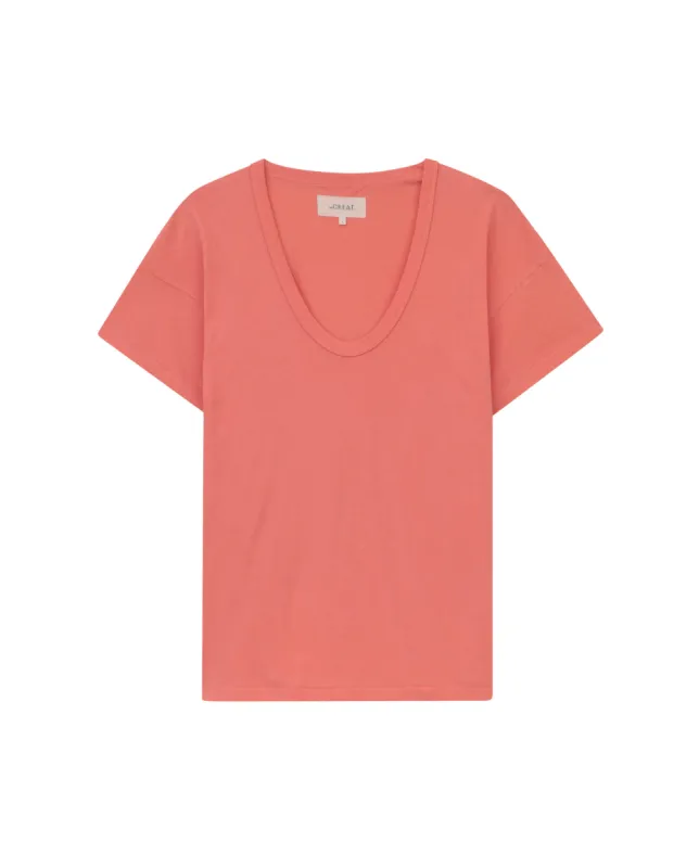 The U-Neck Tee. Solid -- Guava sold by THE GREAT.