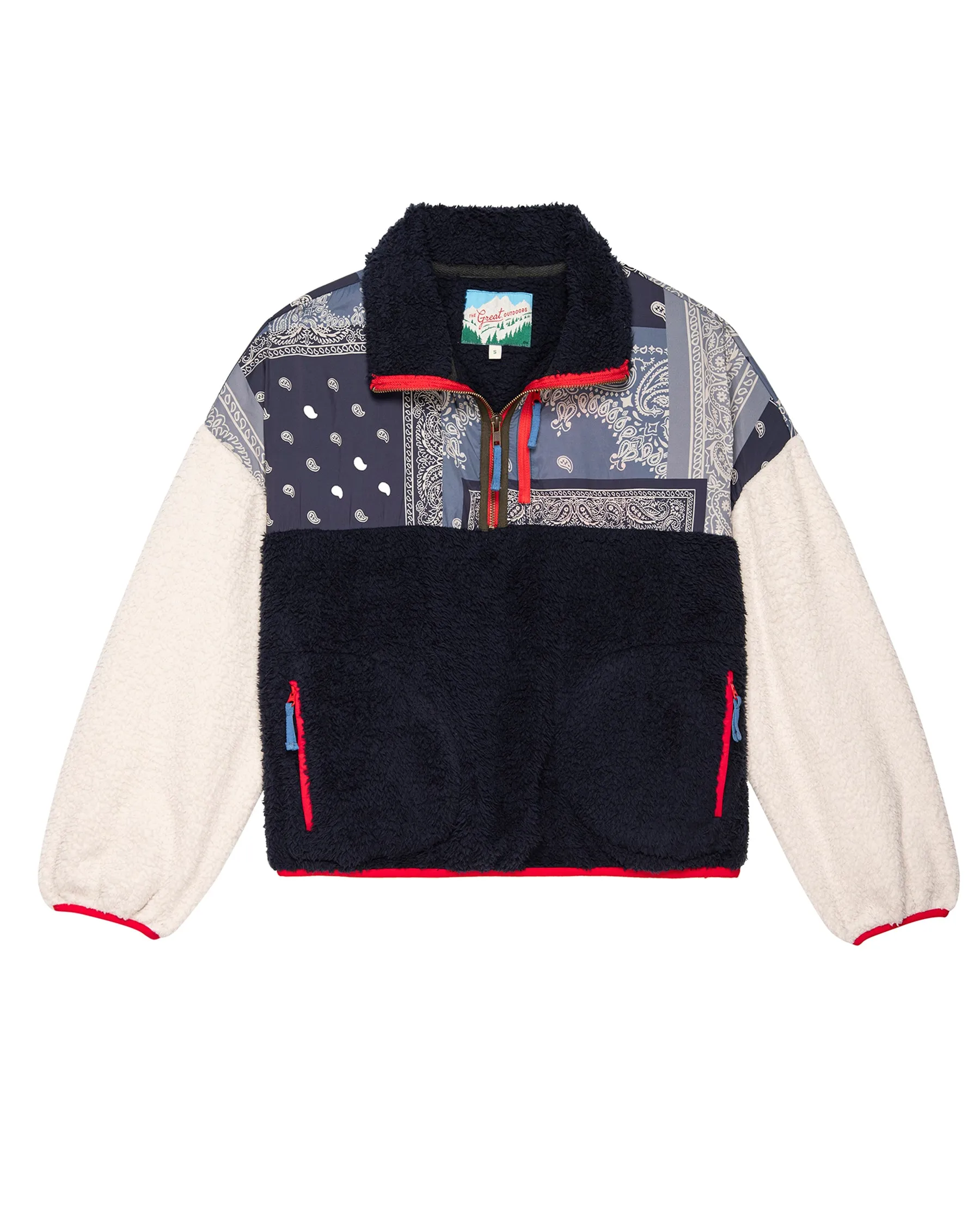 The Plush Colorblock Terrain Half Zip. -- Patchwork Bandana and Deep Well sold by THE GREAT.