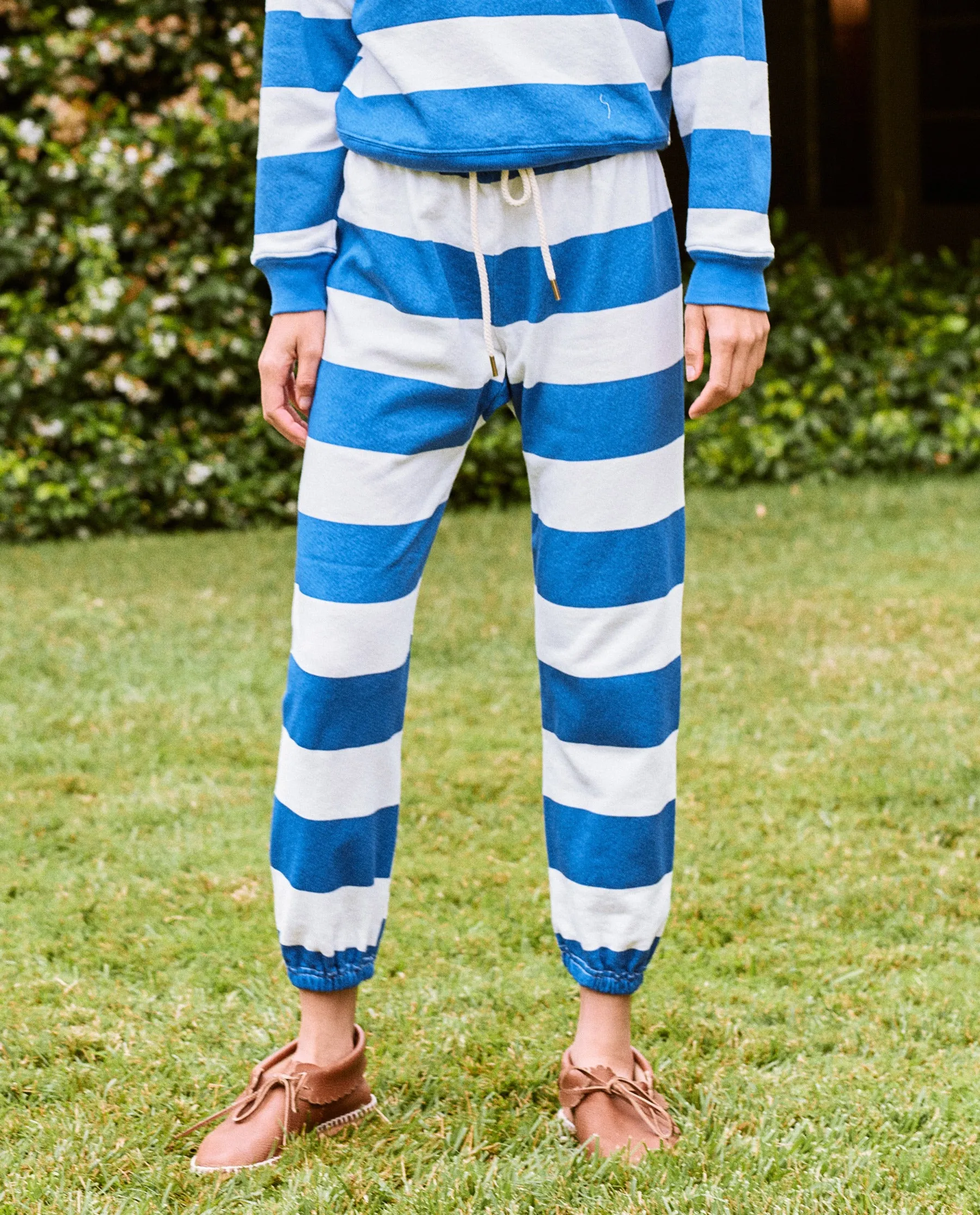 The Stadium Sweatpant. Novelty -- Sailor Blue Boating Stripe sold by THE GREAT.