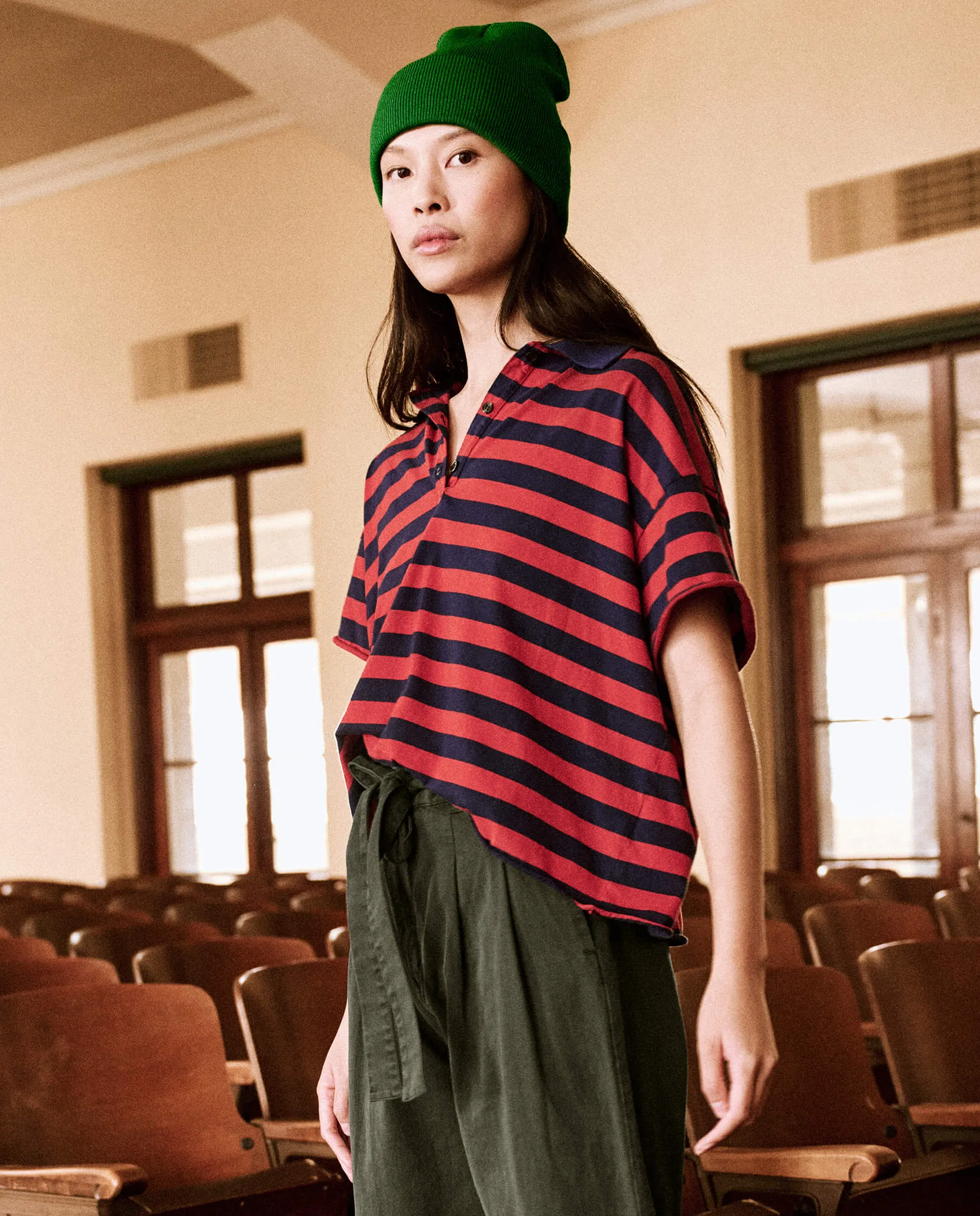 The Cropped Polo Tee. -- Red and Navy Scholar Stripe sold by THE GREAT. product image thumbnail 3