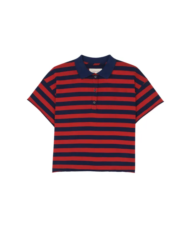 The Cropped Polo Tee. -- Red and Navy Scholar Stripe sold by THE GREAT.