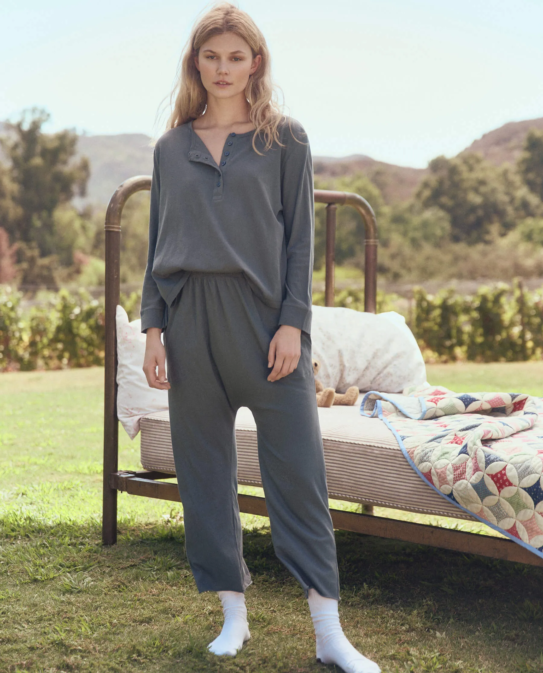 The Crop Sleep Henley. -- Blue Haze sold by THE GREAT. product image thumbnail 2