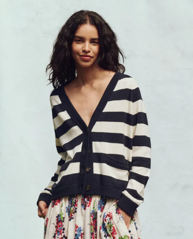 The Varsity Cardigan. -- Navy Range Stripe sold by THE GREAT.