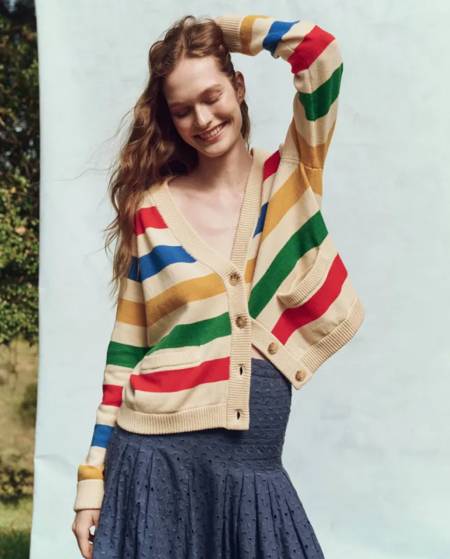 The Varsity Cardigan. -- Multi Range Stripe sold by THE GREAT.
