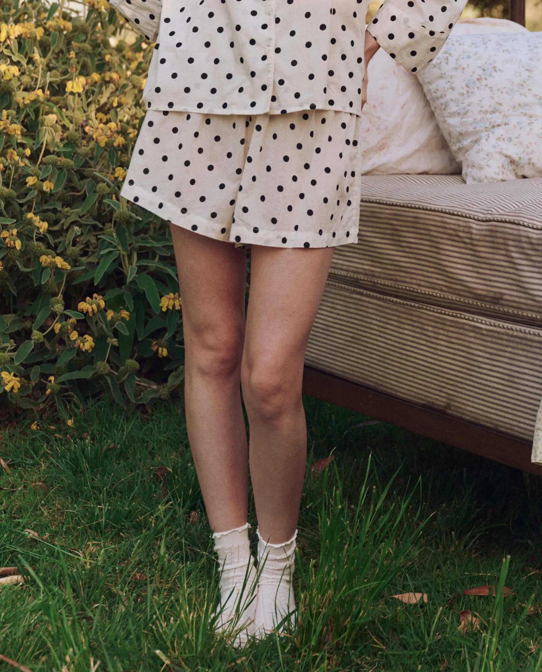 The Smocked Sleep Short. -- Cream Polka Dot sold by THE GREAT.