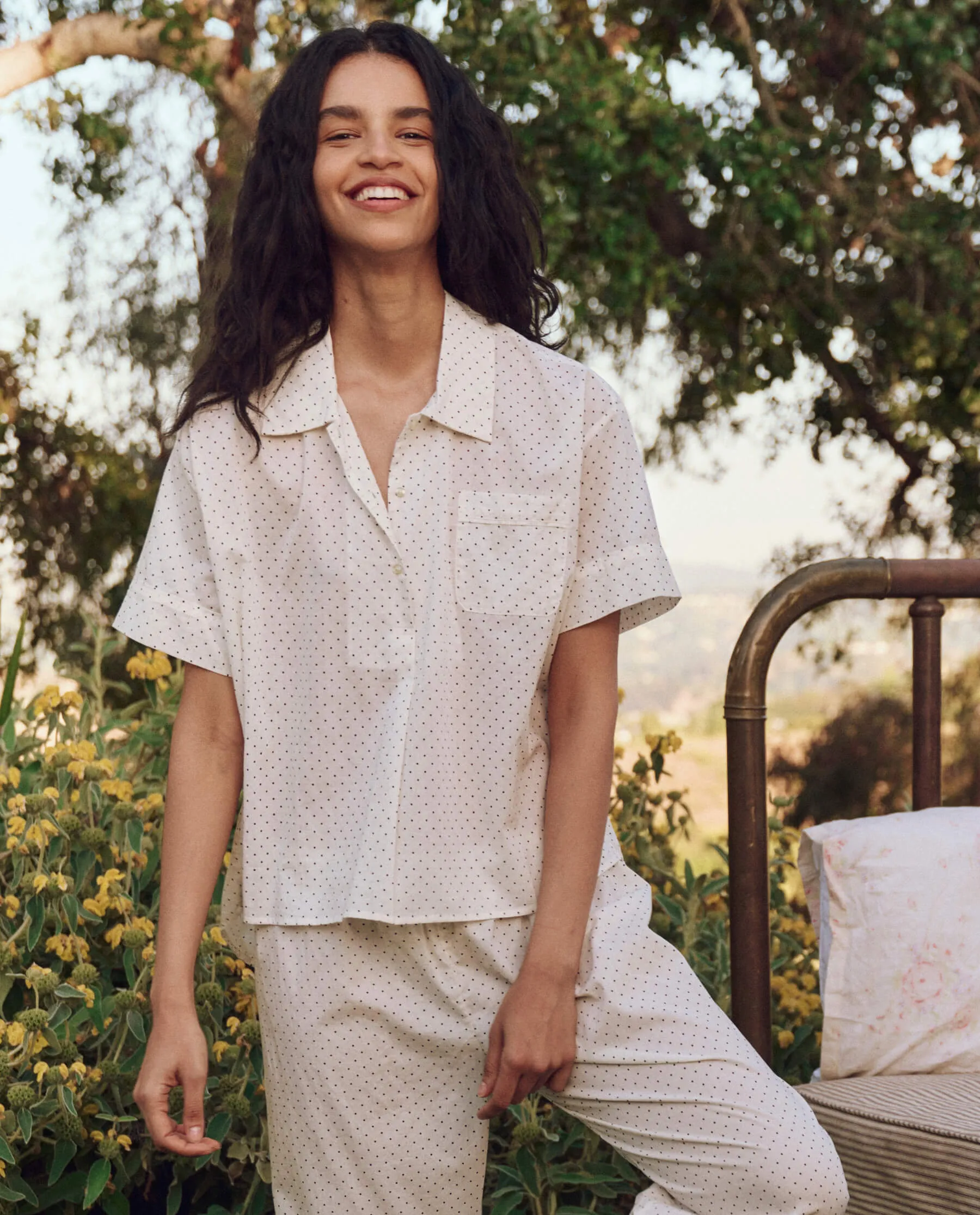 The Short Sleeve Pajama Shirt. -- Mini Cream Polka Dot sold by THE GREAT.