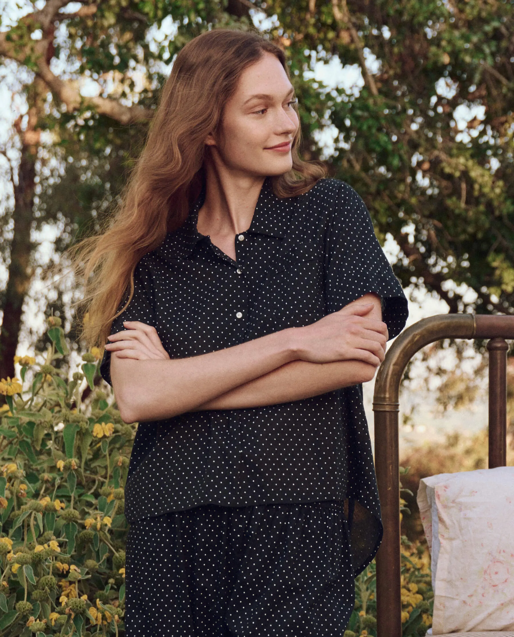 The Short Sleeve Pajama Shirt. -- Mini Black Polka Dot sold by THE GREAT.