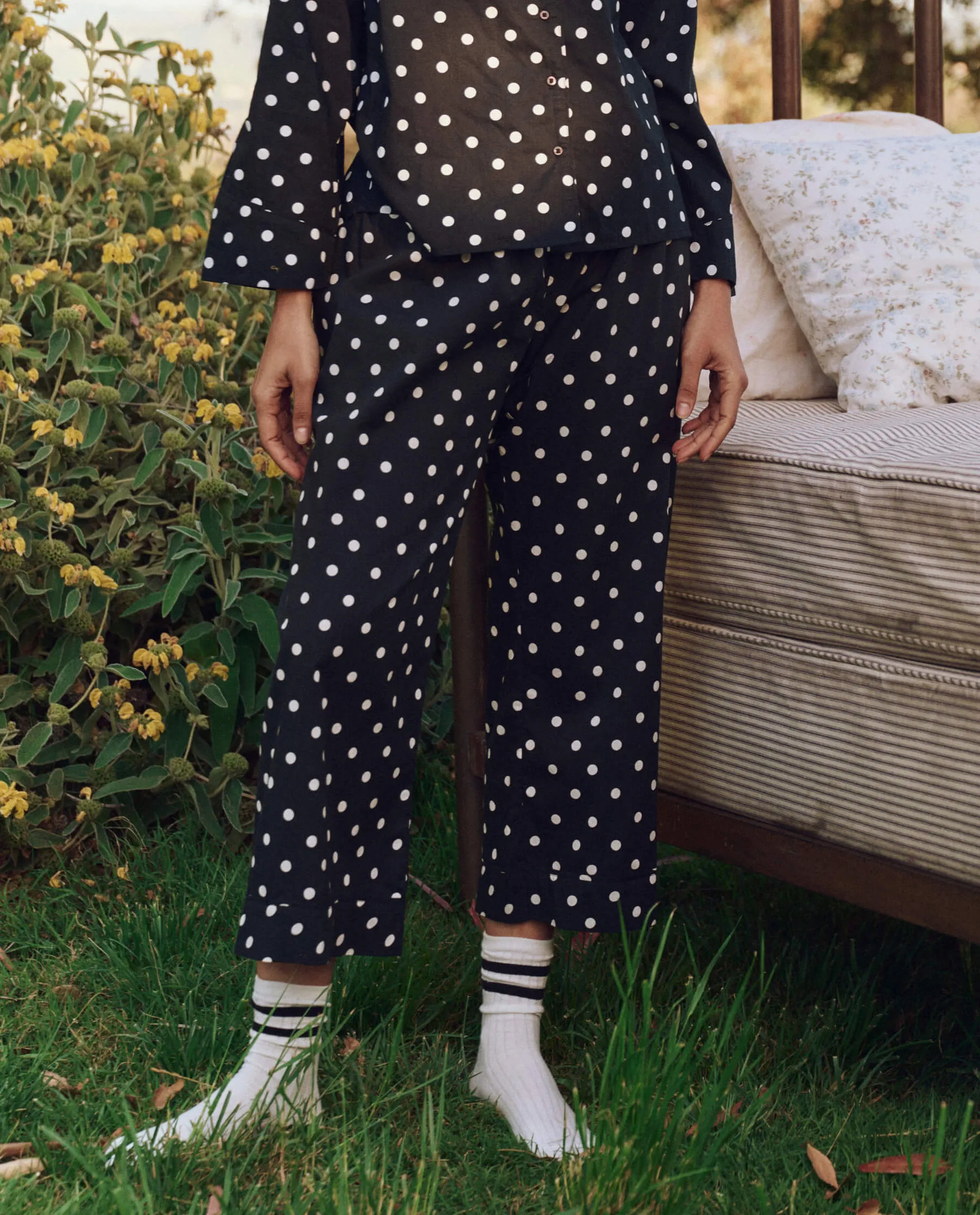 The Easy Sleep Pant. -- Black Polka Dot sold by THE GREAT.