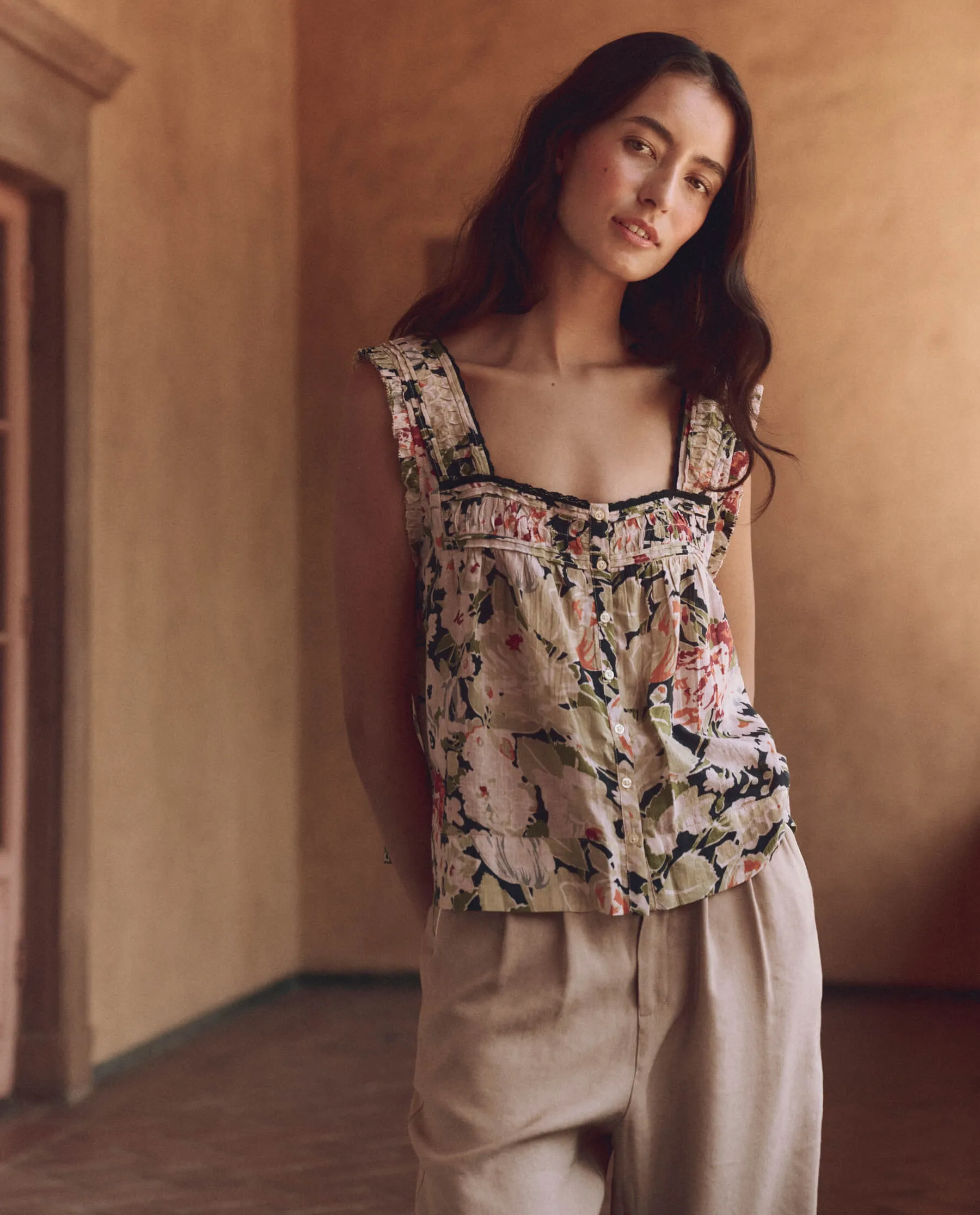 The Victorian Pleat Tank. -- Vintage Rose Print sold by THE GREAT.