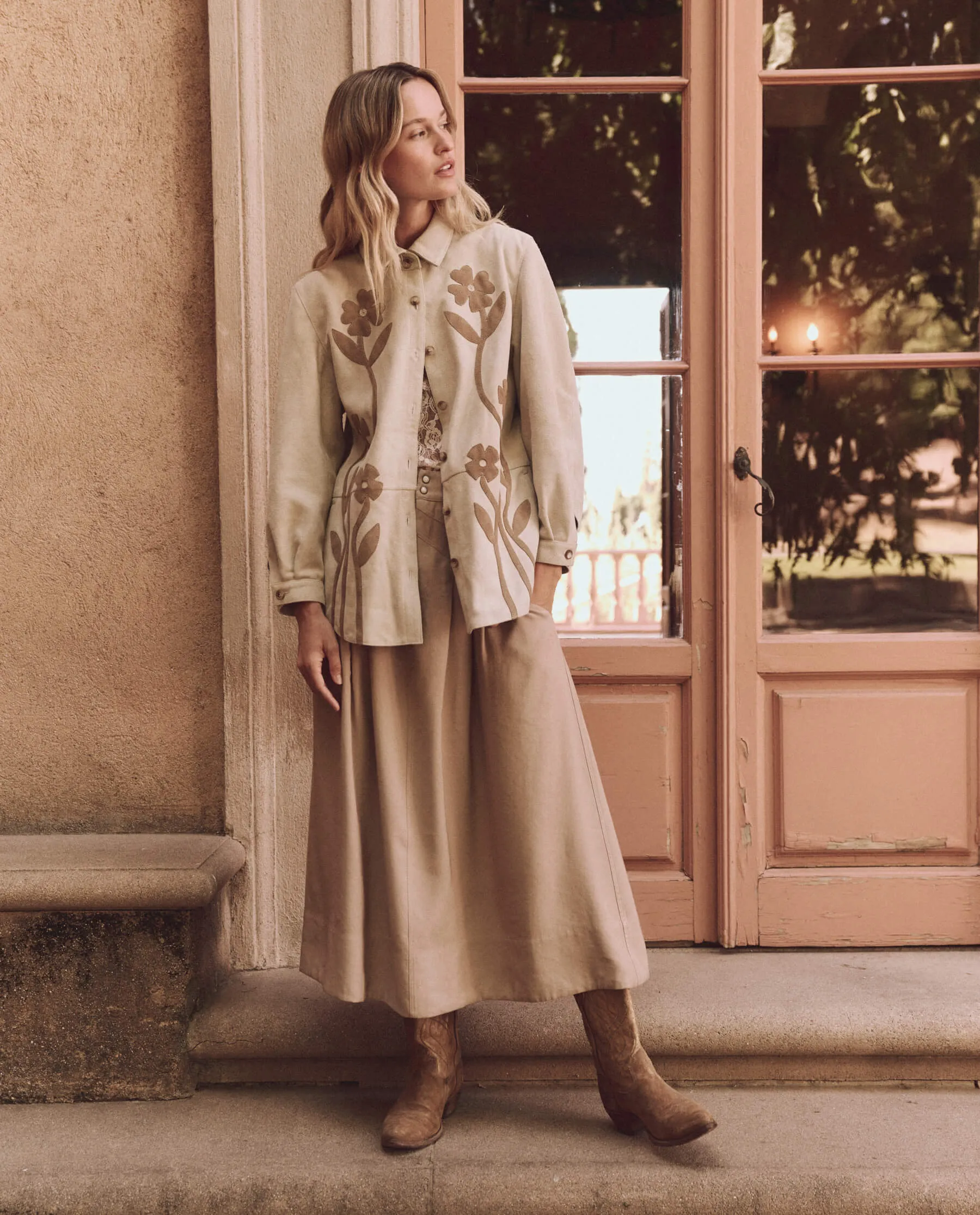 The Floral Applique Suede Jacket. -- Tonal Desert Tan sold by THE GREAT. product image thumbnail 3