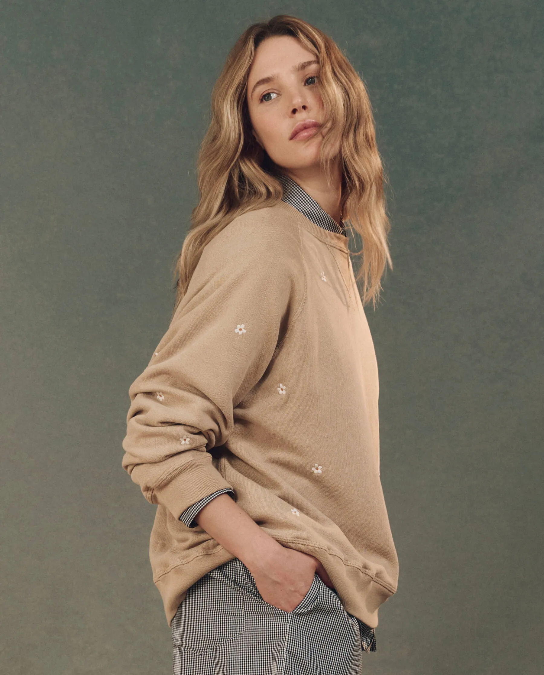 The Slouch Sweatshirt. Embroidered -- Khaki with Daisy Embroidery sold by THE GREAT. product image thumbnail 4