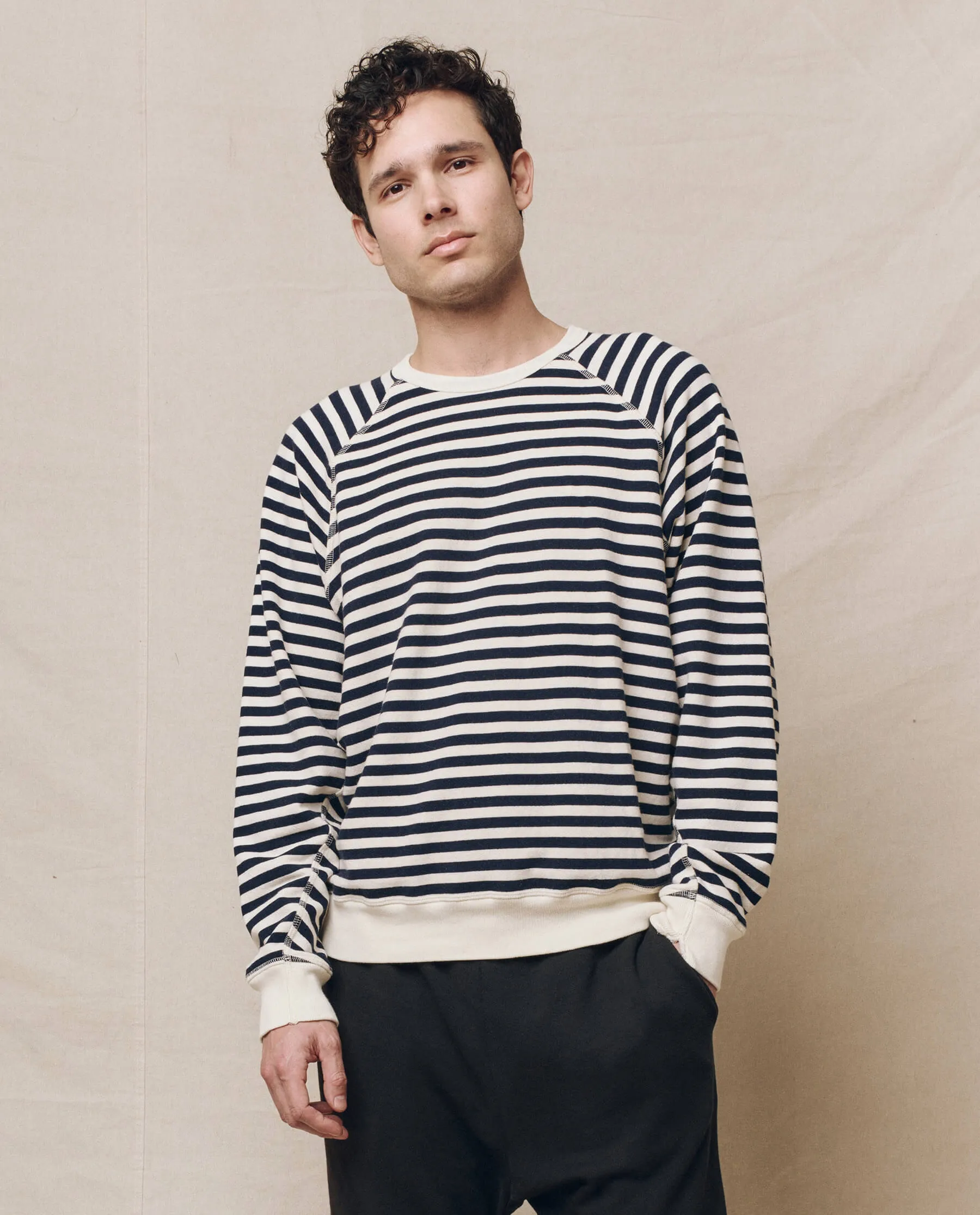 The Men's College Sweatshirt. -- Navy Sailor Stripe sold by THE GREAT.