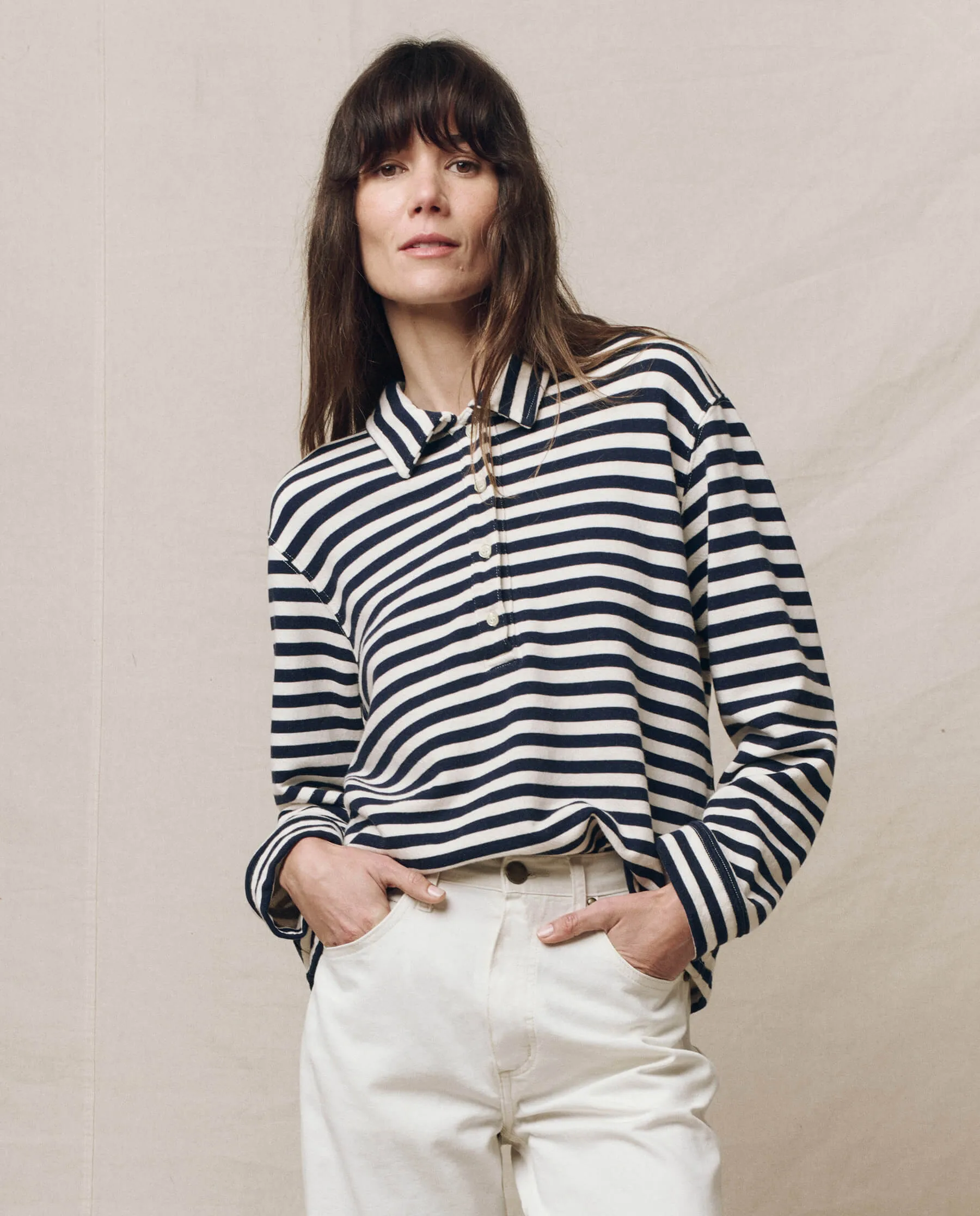 The Rugby Sweatshirt. -- Navy Sailor Stripe sold by THE GREAT.