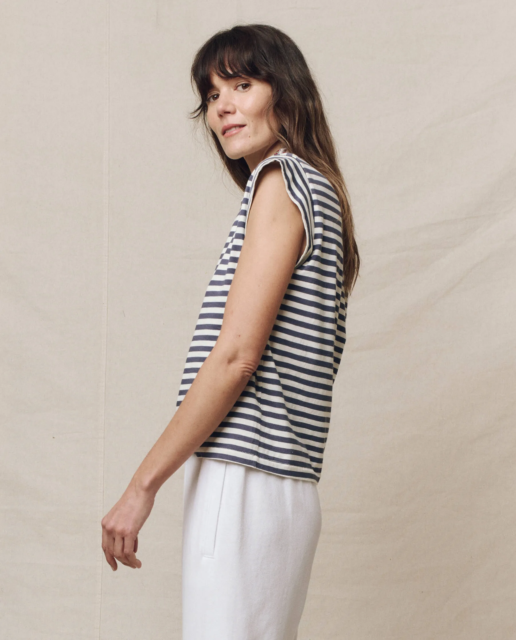 The Peak Shoulder Tee. -- Vintage Blue Stripe sold by THE GREAT. product image thumbnail 3