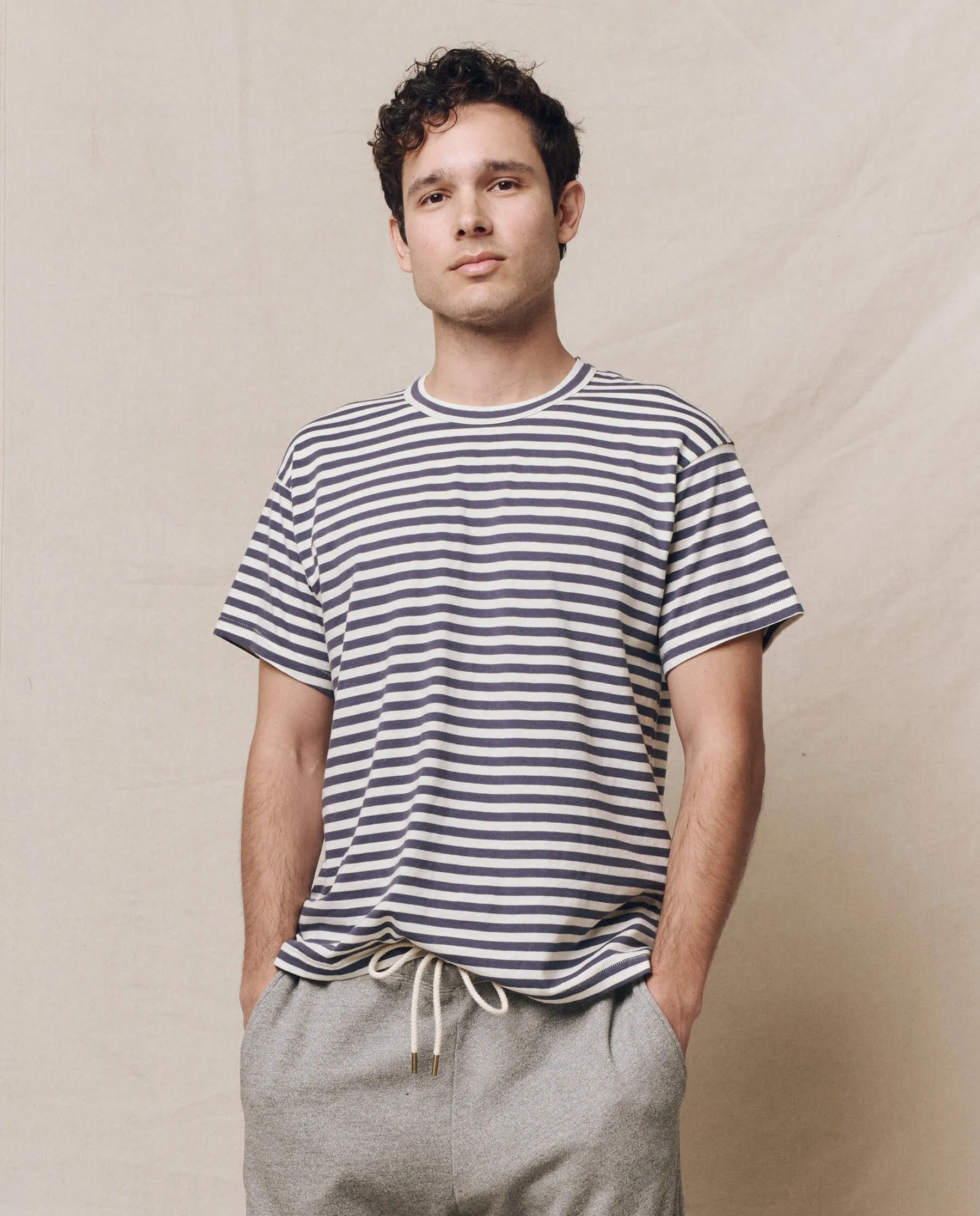 The Men's Boxy Crew. -- Vintage Blue Stripe sold by THE GREAT.