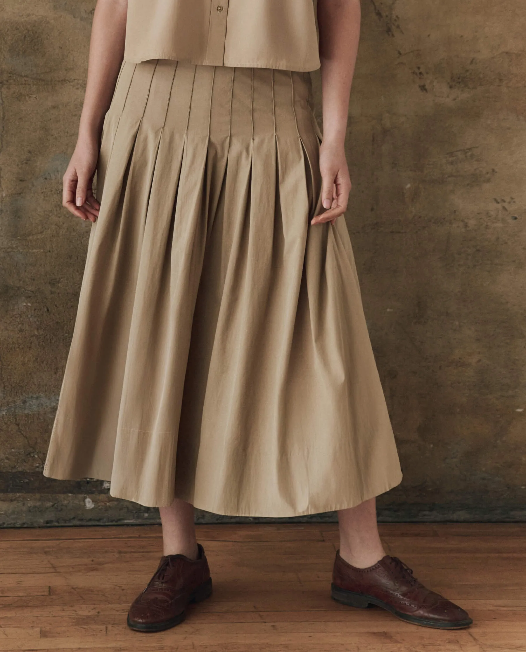 The Rhythm Skirt. -- Khaki sold by THE GREAT.