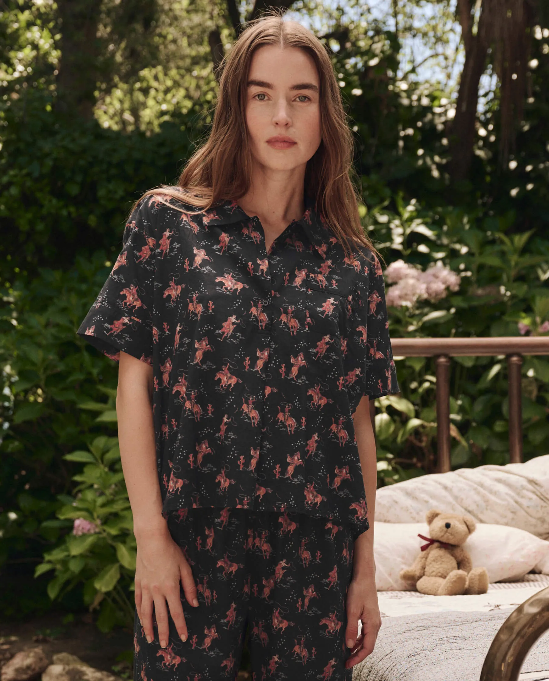 The Short Sleeve Pajama Shirt. -- Navy Cowboy sold by THE GREAT.