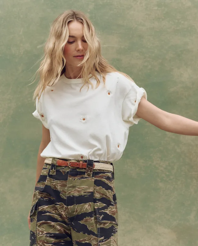 The Boxy Crew. Embroidered -- Washed White with Floating Daisy Embroidery sold by THE GREAT.