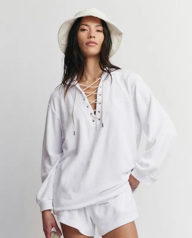 The Micro Terry Lace Up Tunic. -- True White sold by THE GREAT.