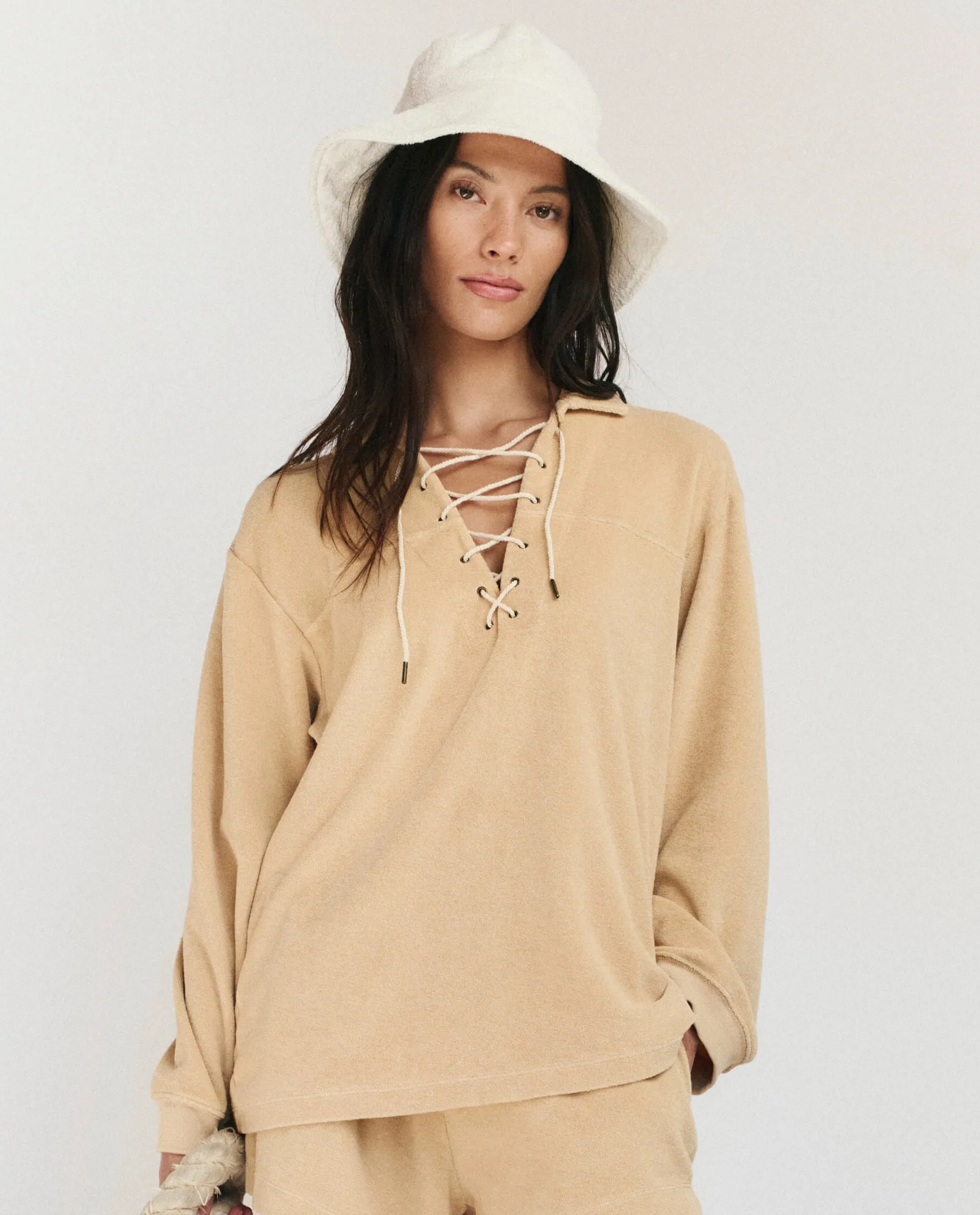 The Micro Terry Lace Up Tunic. -- Chamois sold by THE GREAT.