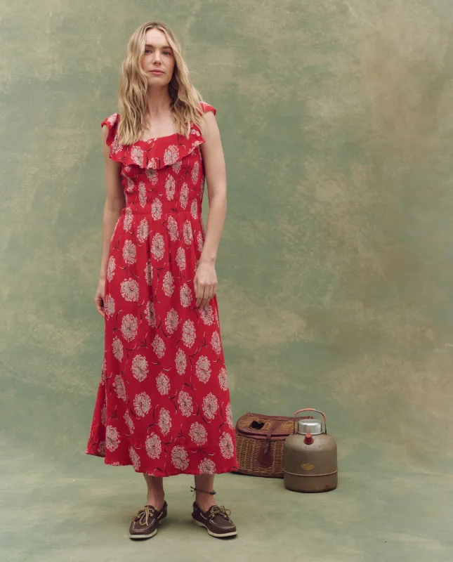The Havana Dress. -- True Red Dancing Floral sold by THE GREAT.